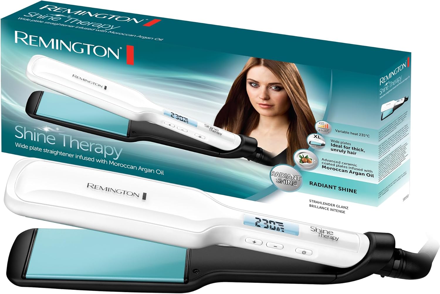 Remington Shine Therapy Glätteisen breit (hochwertige Keramikbeschichtung angereichert mit Mikrowirkstoffen für mehr Glanz, marokkanisches Arganöl und Vitamin E), LCD-Display, 150–230 °C, Haarglätter S8550
