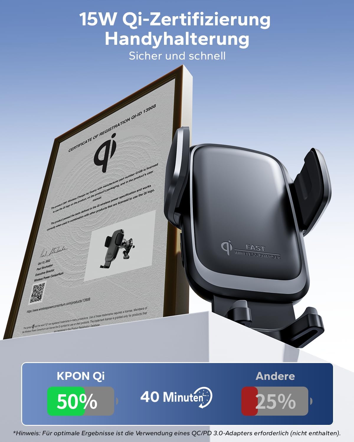 KPON 15W Qi Handyhalterung Auto mit Ladefunktion, Induktive Ladestation Auto mit Saugnapf und Clip, Automatische Klemmung Auto Wireless Charger für iPhone 17/16/15/14/13, Samsung (Ohne Zigarettenanzünder) – Bild 4