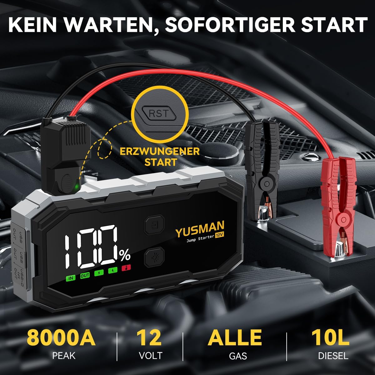 YUSMAN Starthilfe-Powerbank für Autos | 8000 A Autobatterie-Booster für alle Fahrzeuge und 10,0 l Diesel mit LED-Taschenlampe, großem Display und Starthilfekabel – ideal für SUVs, Motorräder, Rasenmäher – Bild 2