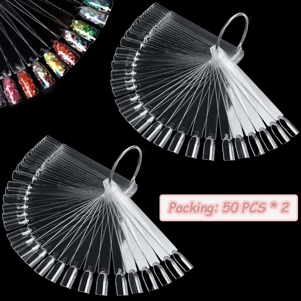 100 Stück Nagelproben, fächerförmige Nagelmuster-Sticks, Nagelfarben-Display-Tipps, transparente Kunst-Tipps, Farbstifte mit Metallring für Nagelstudio und Anfänger – Bild 2