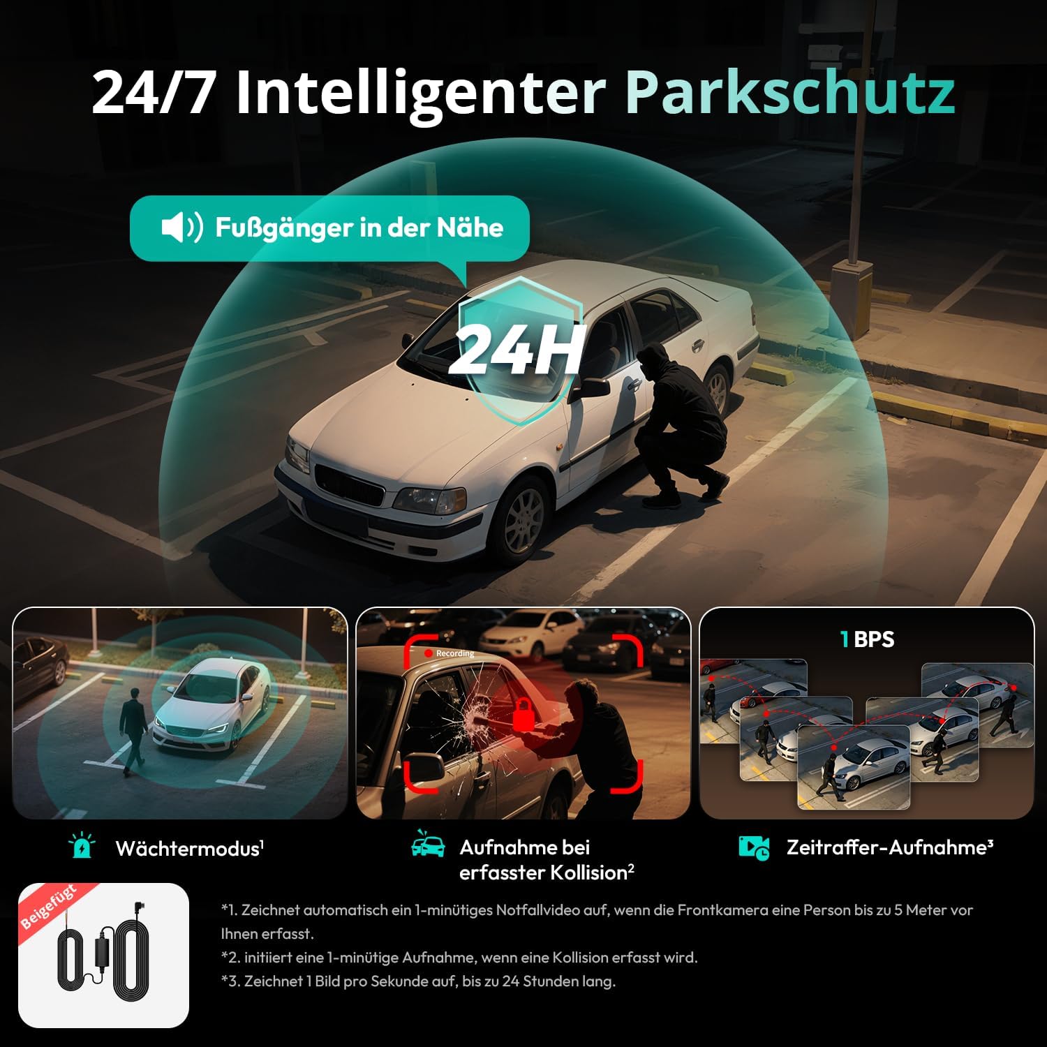 BOTSLAB Dashcam Auto 4 Kanal mit Parküberwachung, 360° Dashcam mit GPS, 5,8 GHz WLAN, 3K + 1080P × 3 Autokamera, 3,18 Zoll IPS-Bildschirm, Super-Nachtsicht, WDR, G-Sensor, Loop-Aufnahme, inklusive 128 GB SD-Karte – Bild 5
