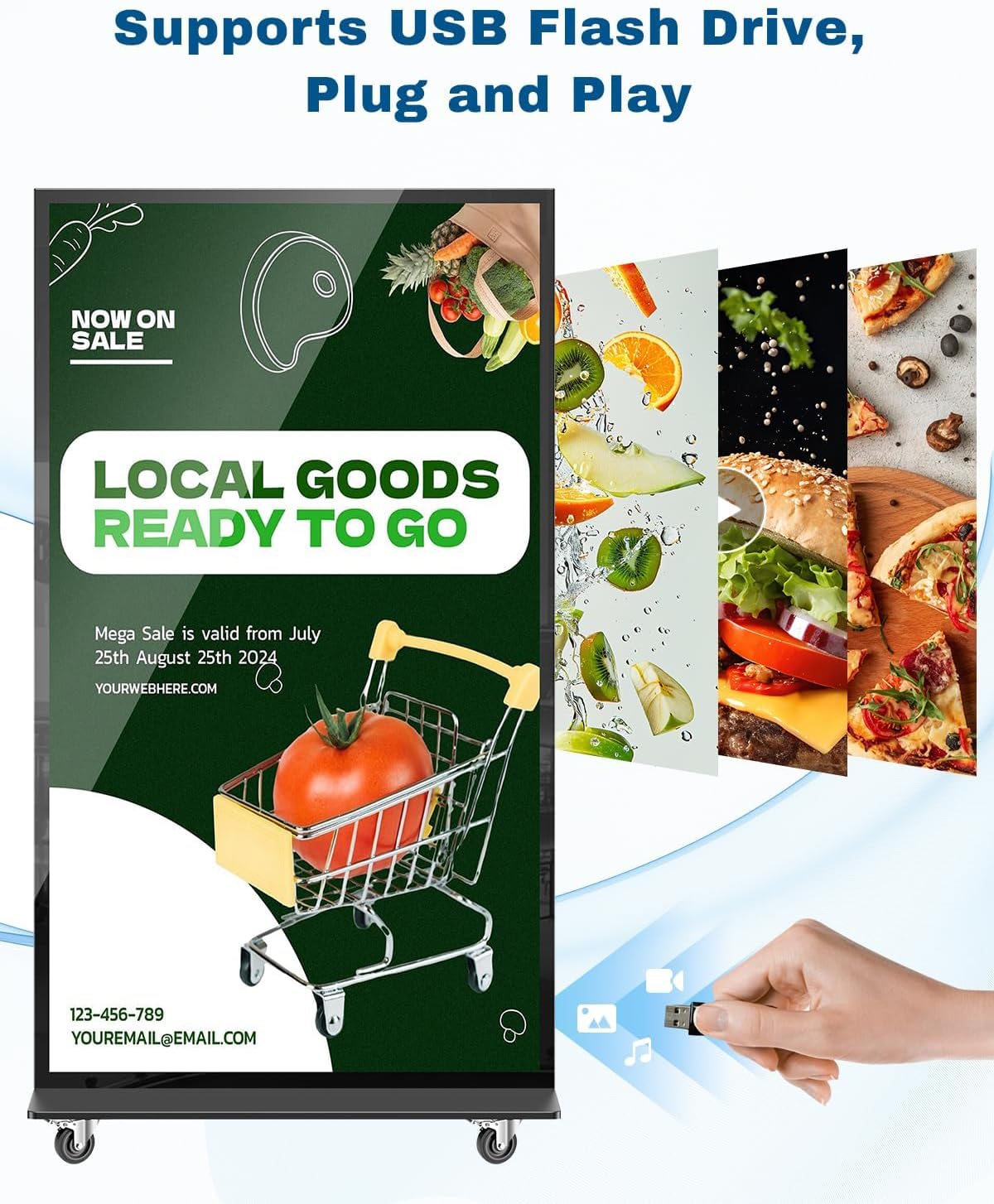 4K-UHD-Vollbild-Digital-Signage, 75-Zoll-Digital-Kundenstopper für den Innenbereich mit Android, beweglicher Werbeplakatständer mit Rollen, LCD-Digital-Kiosk mit Zeitschaltuhr, WLAN/USB/HDMI/Eingang, Schwarz – Bild 5