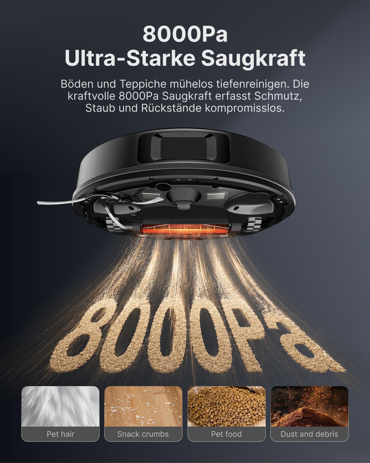 Vonko S6 Pro Saugroboter mit Wischfunktion und Saugstation, 8000 Pa Saugleistung, LiDAR 2.0 Lasernavigation, 180 Minuten Laufzeit, Teppicherkennung, App/Alexa, ideal für Tierhaare, Hartböden, Schwarz – Bild 2