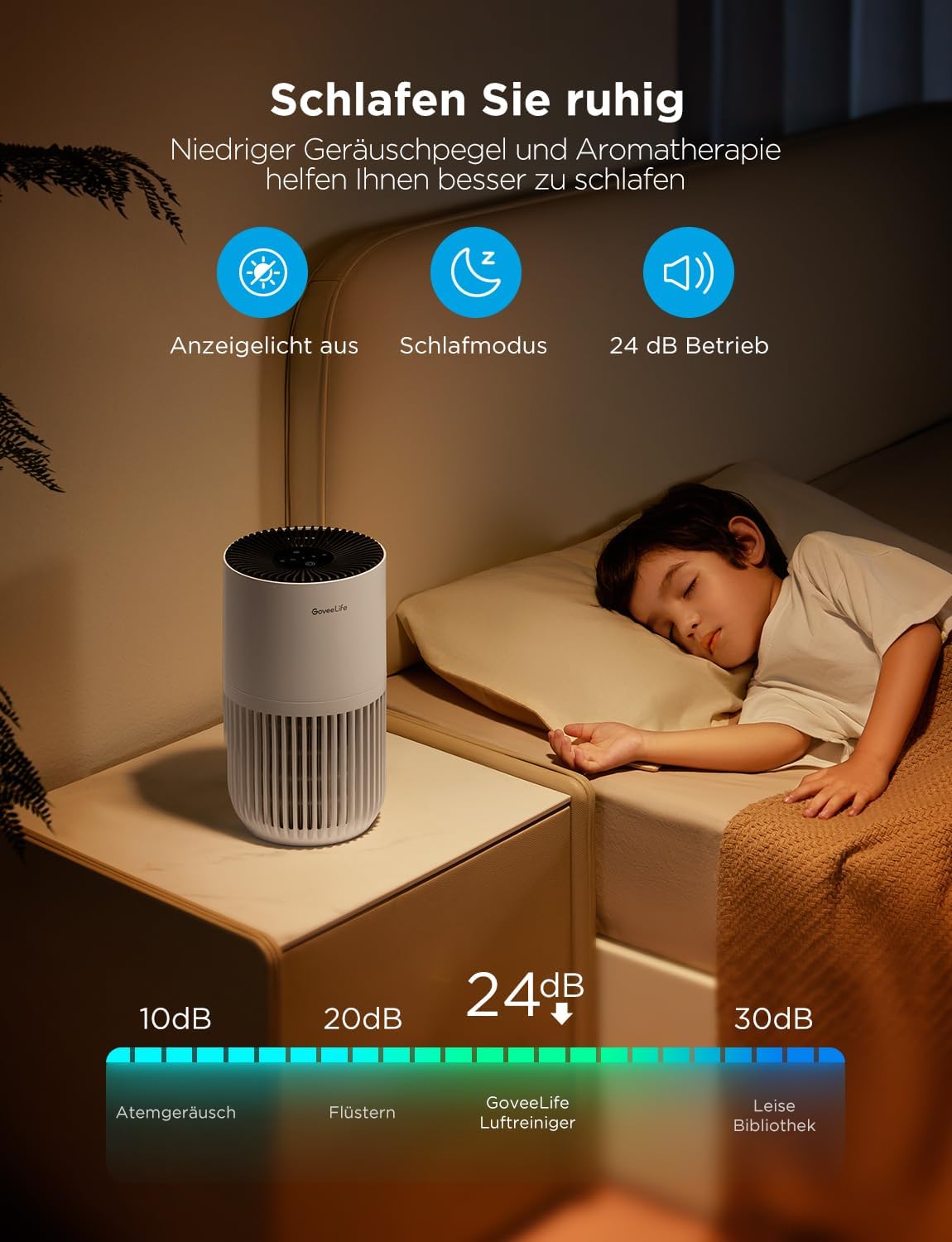 GoveeLife Mini-Luftreiniger für Schlafzimmer, Intell.HEPA-Filter mit Alexa-App-Steuerung zur Vermeidung von Tierhaaren, Gerüchen, Pollen, Rauch, tragbarer Luftreiniger mit 3 Geschwindigkeiten, 2 Modi, Timer, Geschmacksrichtungen – Bild 5