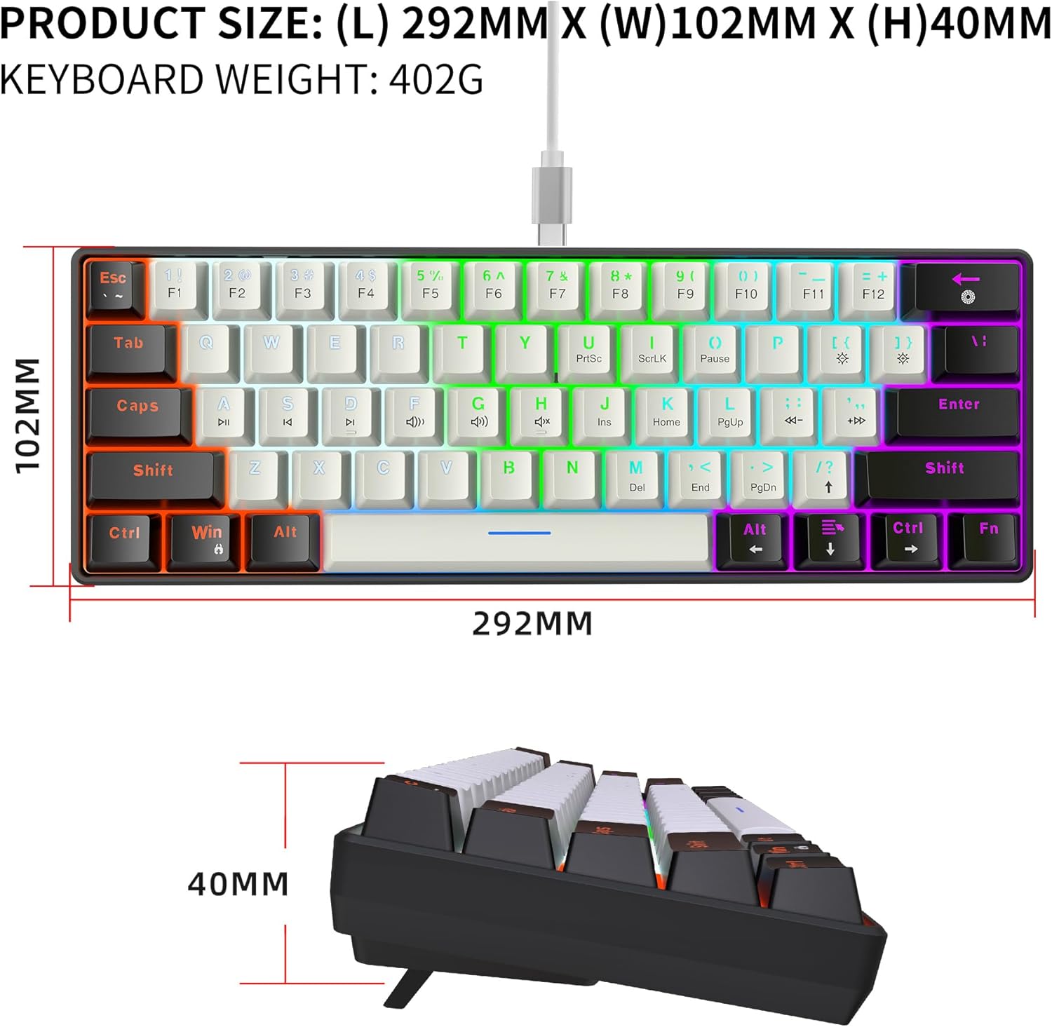 Snpurdiri 60 % kabelgebundene mechanische Gaming-Tastatur, 61 Anti-Ghosting-Tasten, RGB-Hintergrundbeleuchtung, ultrakompakte blaue Schalter, zwei Ständer, Schwarz/Weiß – Bild 8
