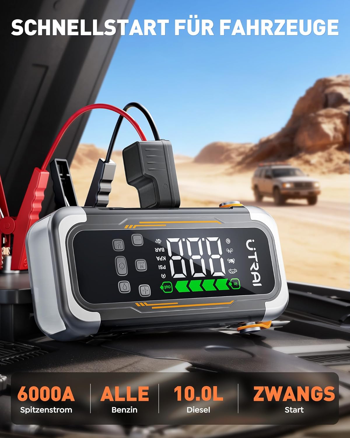 UTRAI 6000 A Starthilfe-Powerbank für Autos (alle Benziner und bis zu 10 l Diesel), tragbare Auto-Starthilfe mit Kompressor, PD 30 W Ausgang, Gebläsefunktion, Starthilfe-Auto für Auto, SUV, Motorrad – Bild 2