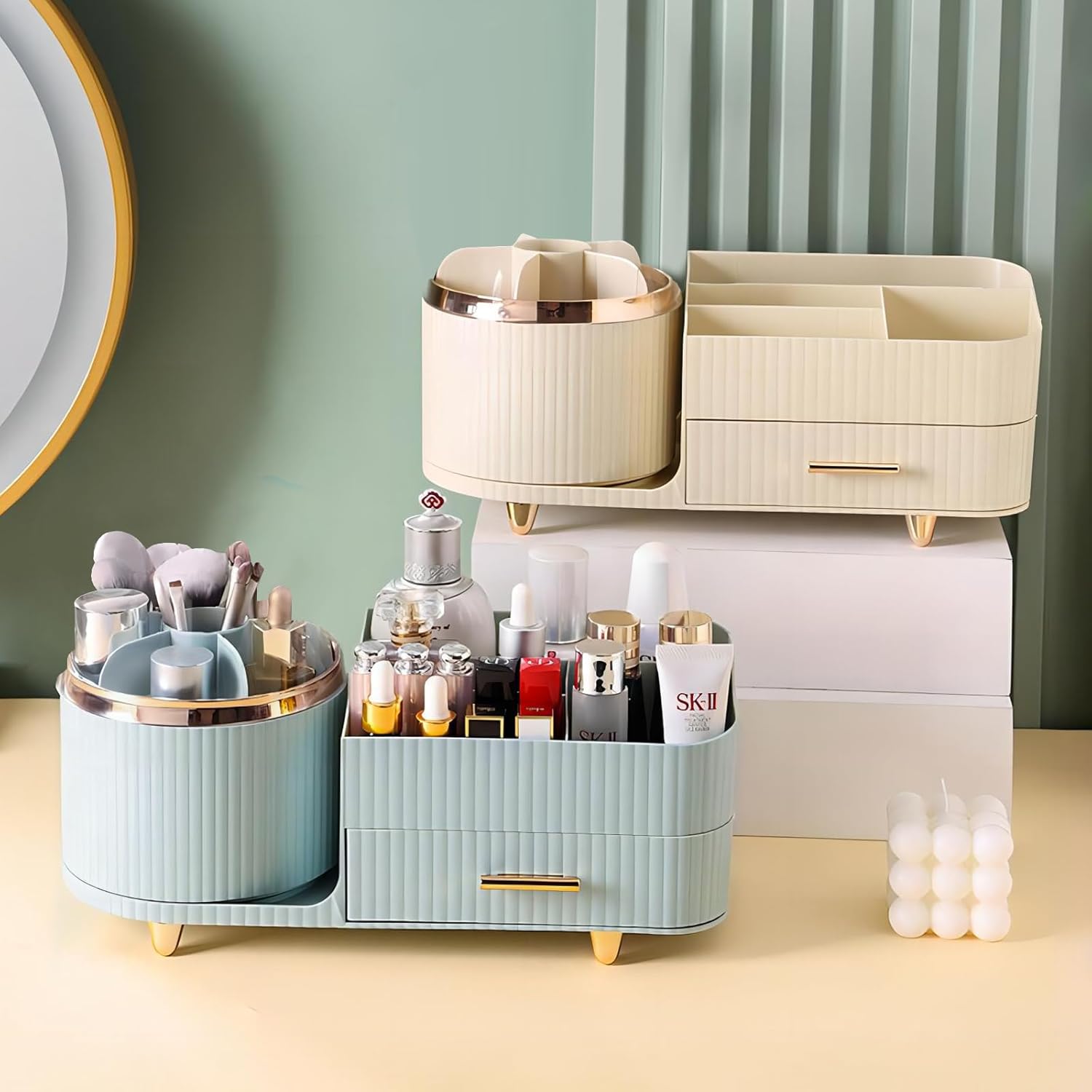 DASITON Make-up-Organizer, 360° drehbar, Make-up-Pinselhalter, Kosmetikaufbewahrung mit Schubladen, großer Schminktisch-Organizer für Schlafzimmer, Badezimmer, Make-up- und Hautpflege-Organizer (grün) – Bild 2