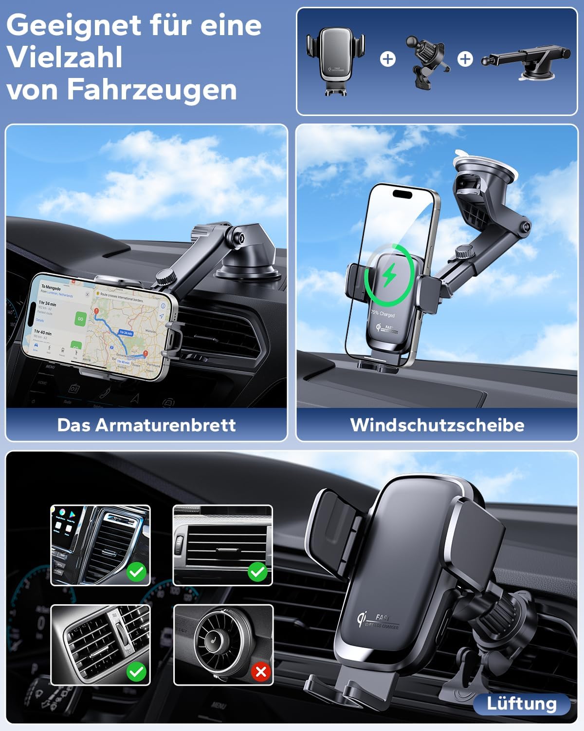 KPON 15W Qi Handyhalterung Auto mit Ladefunktion, Induktive Ladestation Auto mit Saugnapf und Clip, Automatische Klemmung Auto Wireless Charger für iPhone 17/16/15/14/13, Samsung (Ohne Zigarettenanzünder) – Bild 2