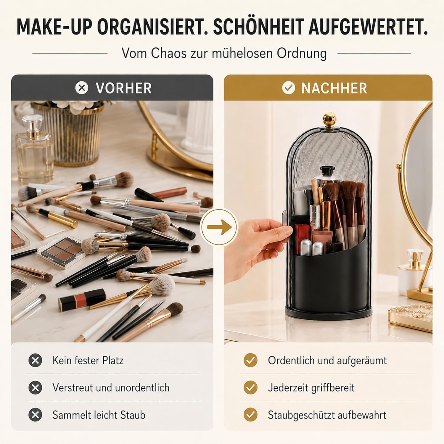 FAVORTALK Make-up-Pinselhalter mit Deckel, 360° drehbarer Make-up-Organizer, Make-up-Pinsel-Organizer, drehbarer Kosmetikpinselhalter, Make-up-Pinsel-Organizer für Schminktisch (schwarz) – Bild 5