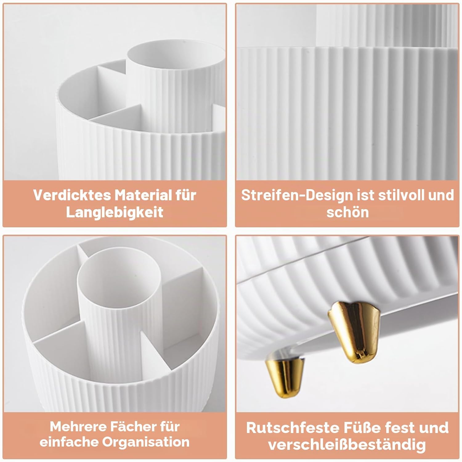 fanado 360° drehbarer Make-up-Organizer, Make-up-Pinselhalter, 5 Fächer für Make-up- und Hautpflege-Aufbewahrung, für Schminktisch, Schreibtisch, Badezimmer (weiß) – Bild 5