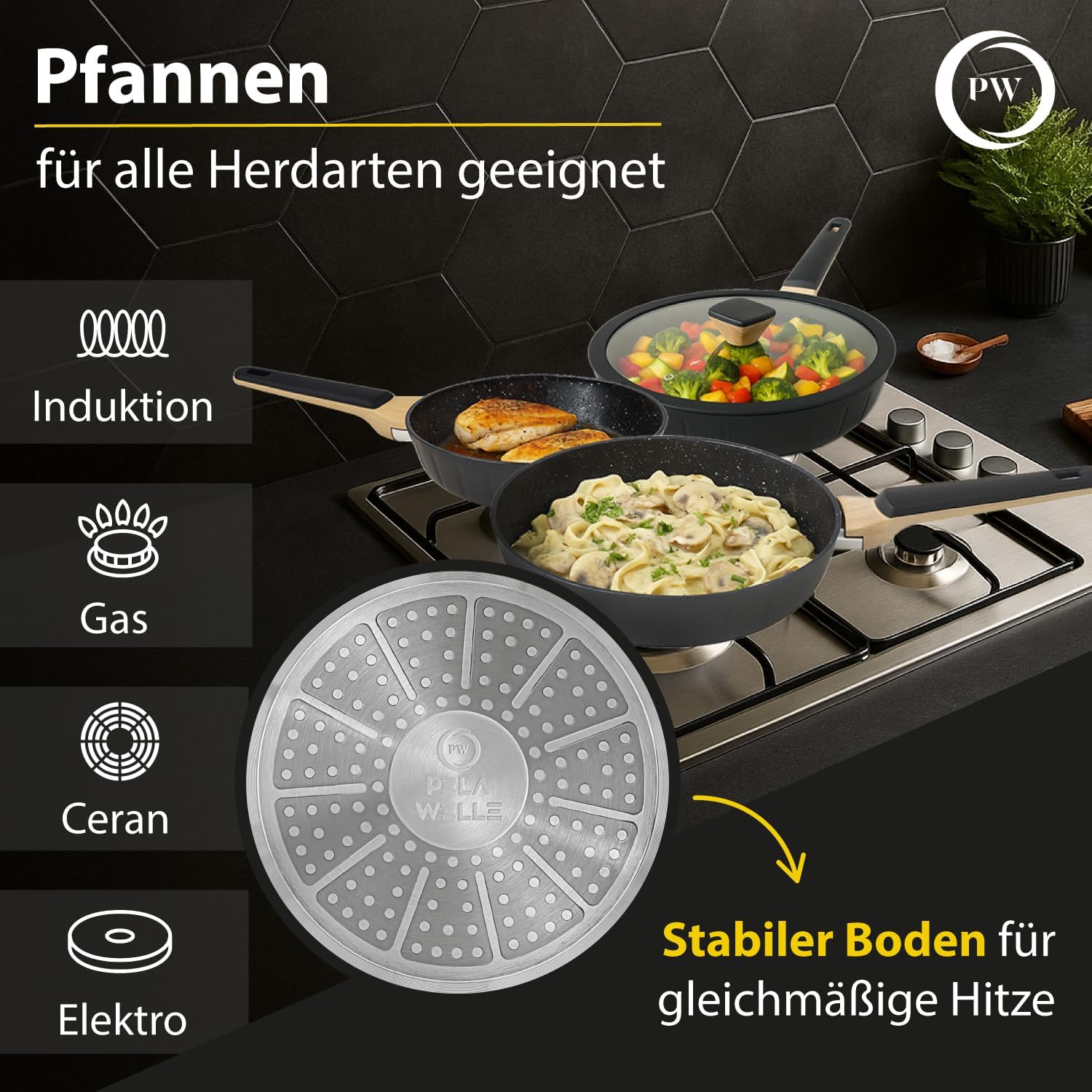 Pela Welle Induktions-Pfannenset, 3 beschichtete Pfannen mit 2 Deckeln, schwarz, Bratpfanne Induktion (5-teilig aus Keramik), Pfannenset mit Deckel, Pfanne ohne PFOA, PFAS, PTFE, Bratpfanne beschichtet – Bild 4