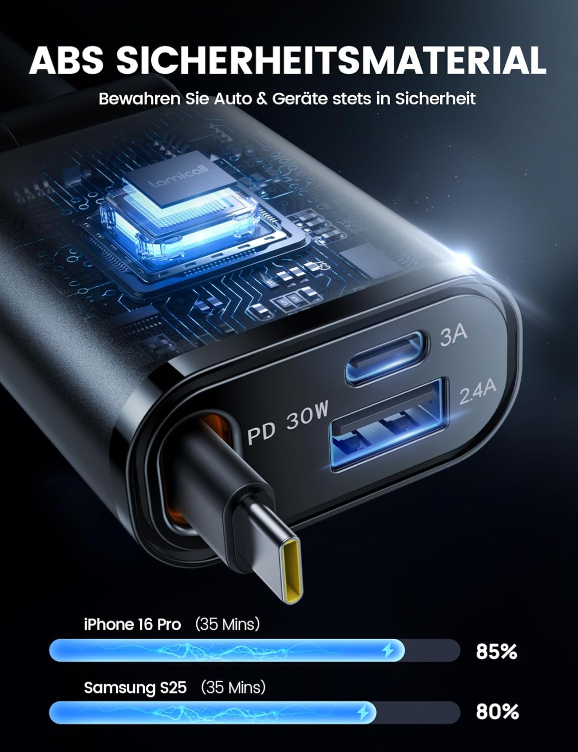 Lamicall 3-in-1-Zigarettenanzünder-USB-C-Autoladegerät - 【2026 Superkompakt】 50W USB-Adapter Auto-Schnellladegerät mit einziehbarem Typ-C-Kabel/USB C/USB A, 24/12V-Autoladegerät für iPhone/Samsung – Bild 3