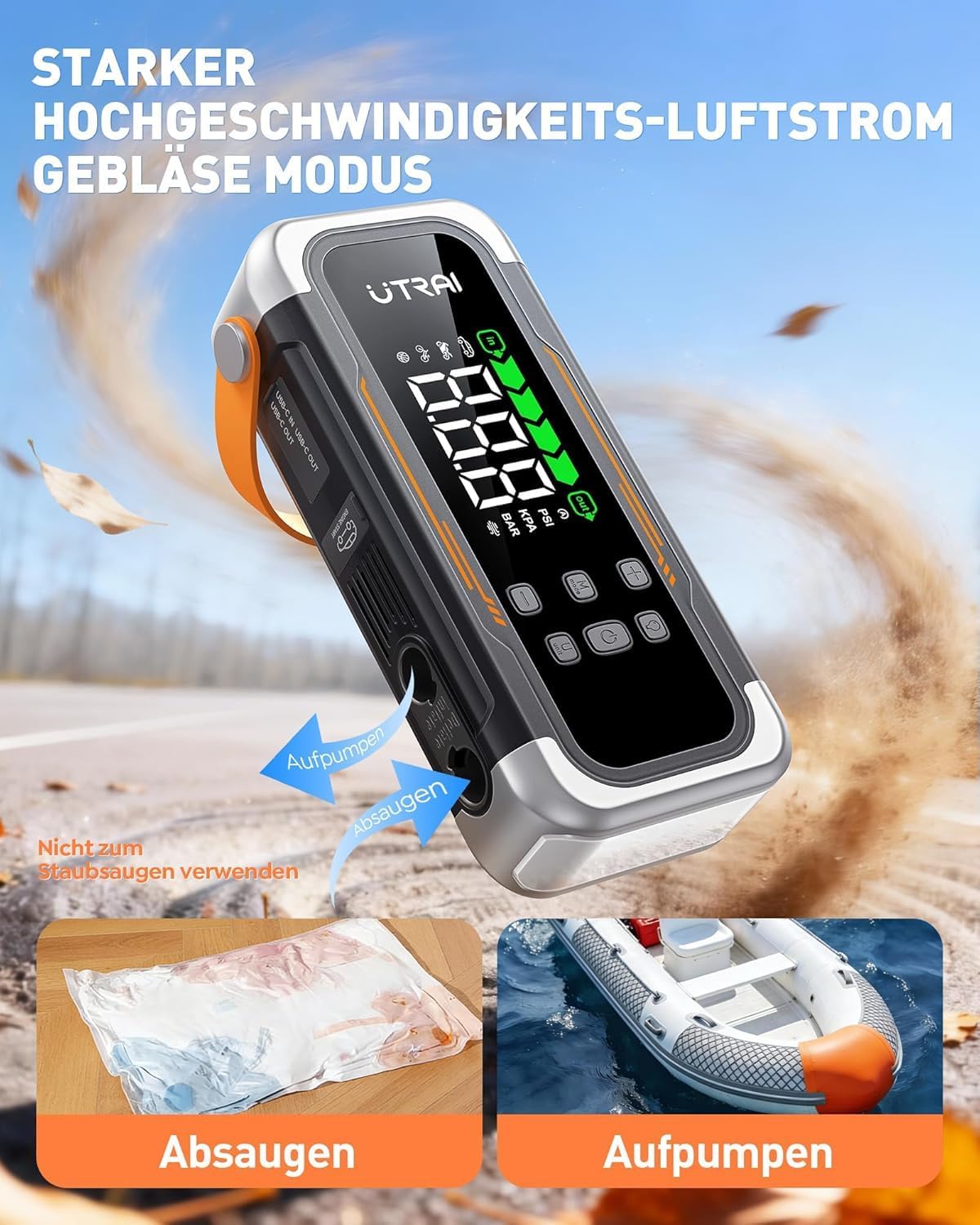 UTRAI 6000 A Starthilfe-Powerbank für Autos (alle Benziner und bis zu 10 l Diesel), tragbare Auto-Starthilfe mit Kompressor, PD 30 W Ausgang, Gebläsefunktion, Starthilfe-Auto für Auto, SUV, Motorrad – Bild 3