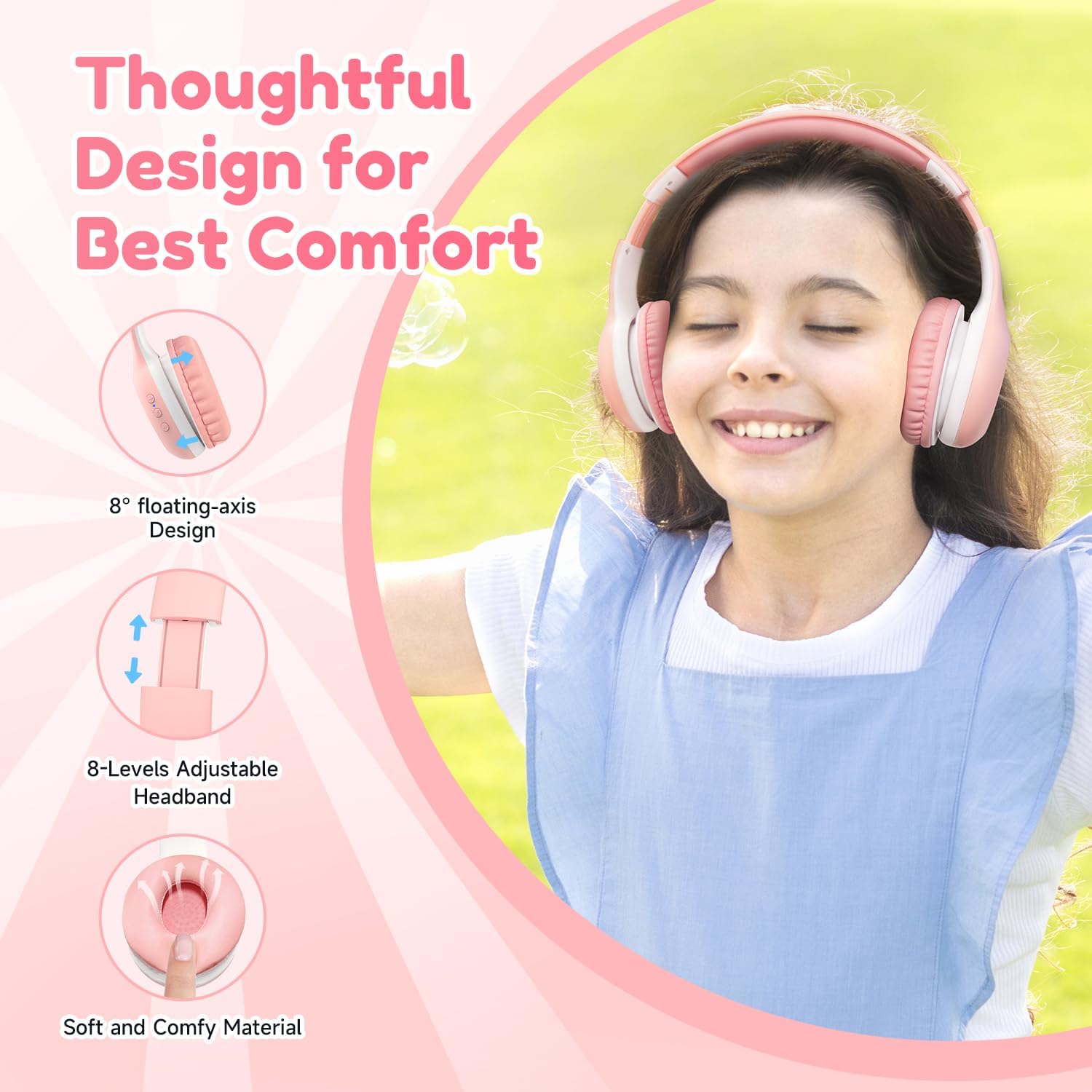 EarFun Kinder-Bluetooth-Kopfhörer, 85/94 dB Lautstärkeregler, HiFi-Sound, HD-Mikrofon, 40 Stunden Akku, faltbar, verstellbar, Kopfhörer kabellos, Bluetooth Kinder für Schule/Reisen, Pink – Bild 4