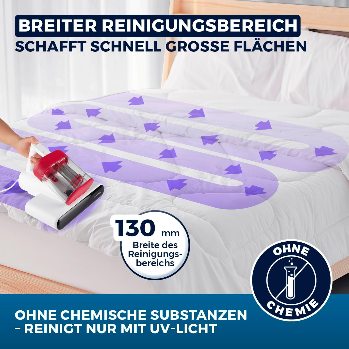 CLEANmaxx Milbensauger für Matratzen mit UV-C-Licht, Rotation, Matratzenreiniger mit HEPA-Filter, entfernt 99,9 % aller Milben, Matratzensauger mit Ultraschall, Hitze & Vibration – Bild 11