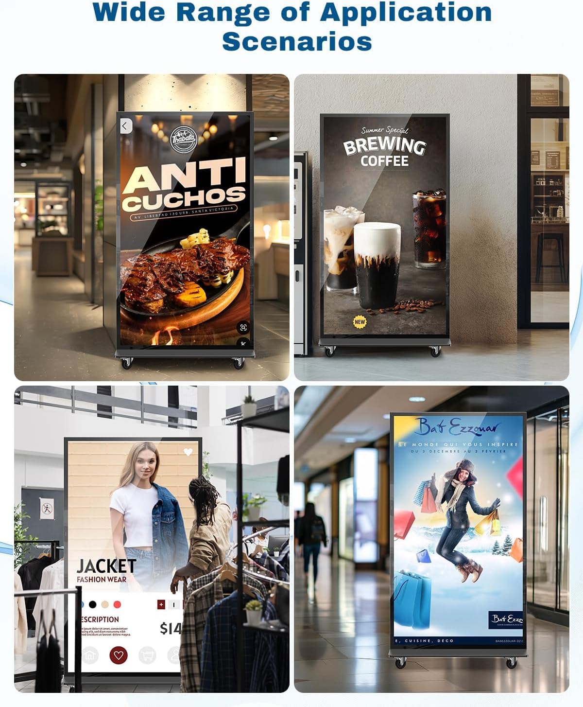 4K-UHD-Vollbild-Digital-Signage, 75-Zoll-Digital-Kundenstopper für den Innenbereich mit Android, beweglicher Werbeplakatständer mit Rollen, LCD-Digital-Kiosk mit Zeitschaltuhr, WLAN/USB/HDMI/Eingang, Schwarz – Bild 8