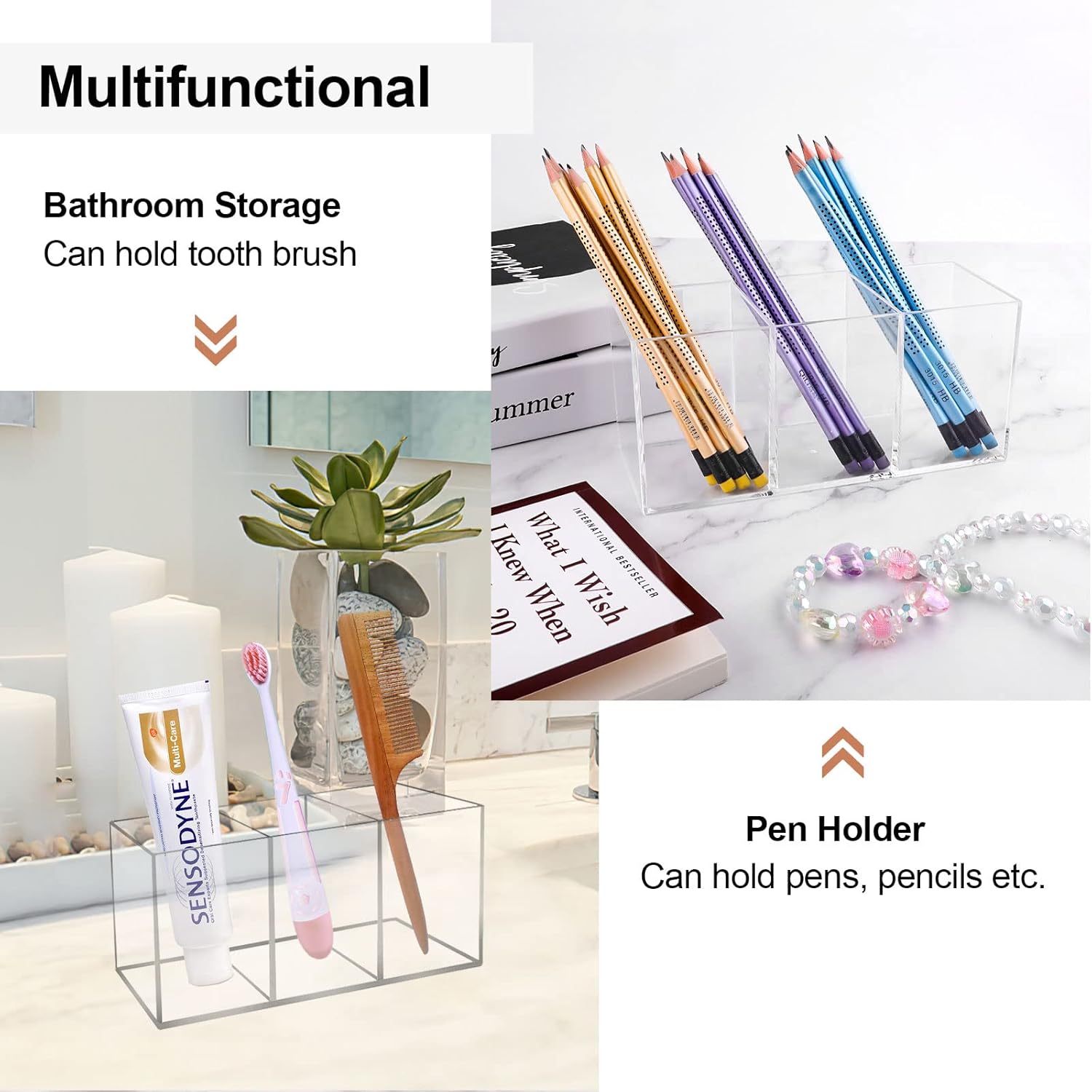 Acryl-Pinselhalter, 3 Fächer, Make-up-Organizer, transparenter Schminktisch-Organizer, Make-up-Organizer für Pinsel, Eyeliner, Lippenstift, Schminktisch-Zubehör-Aufbewahrung, es kann durchsucht werden, Stifthalter – Bild 3