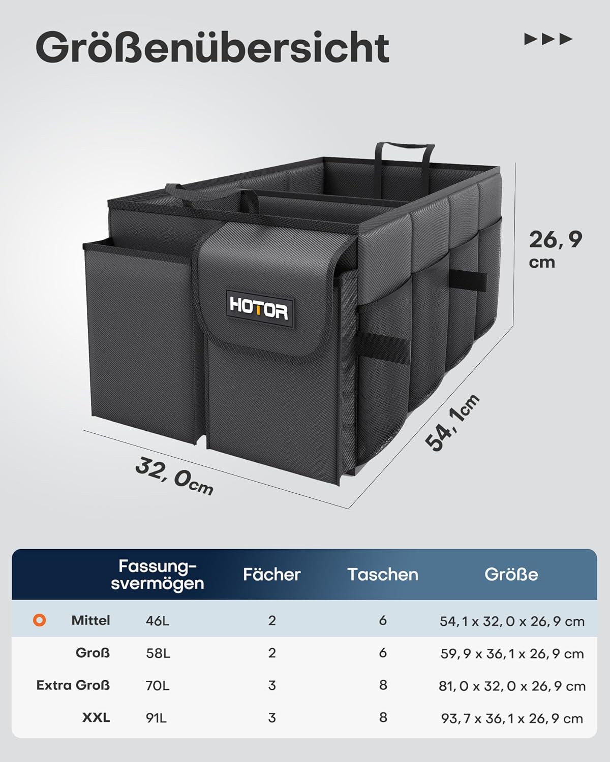HOTOR Kofferraum-Organizer – faltbarer Kofferraum-Organizer mit 2 Fächern, stabiler Auto-Organizer für SUVs, schwarze Kofferraumtasche, verstärkte und stabile Faltbox, 54,1 x 32,0 x 26,9 cm – Bild 6
