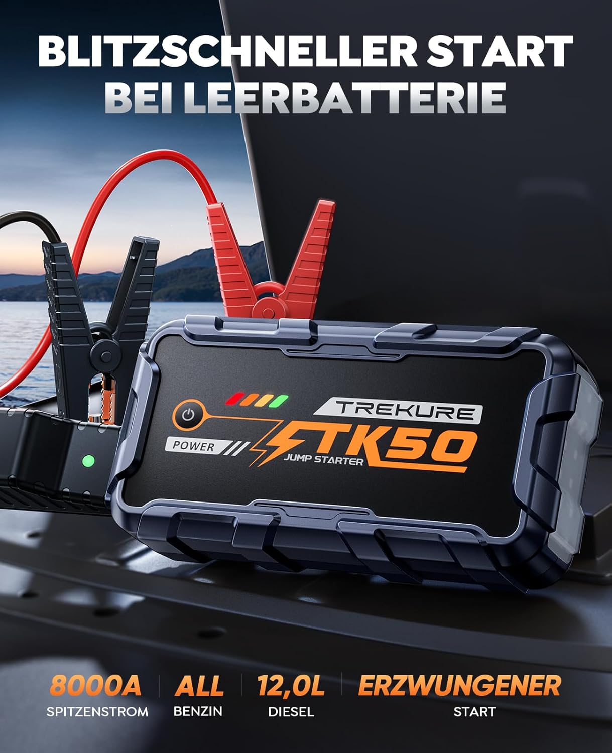 Starthilfe-Powerbank für Autos 8000 A (Alle Benziner/12,0 l Diesel), Auto-Starthilfe 26800 mAh, 12-V-Autobatterie-Booster mit 800-Lumen-Taschenlampe, 2 USB-Ausgänge, verdickte Starthilfekabel, tragbarer Griff – Bild 2