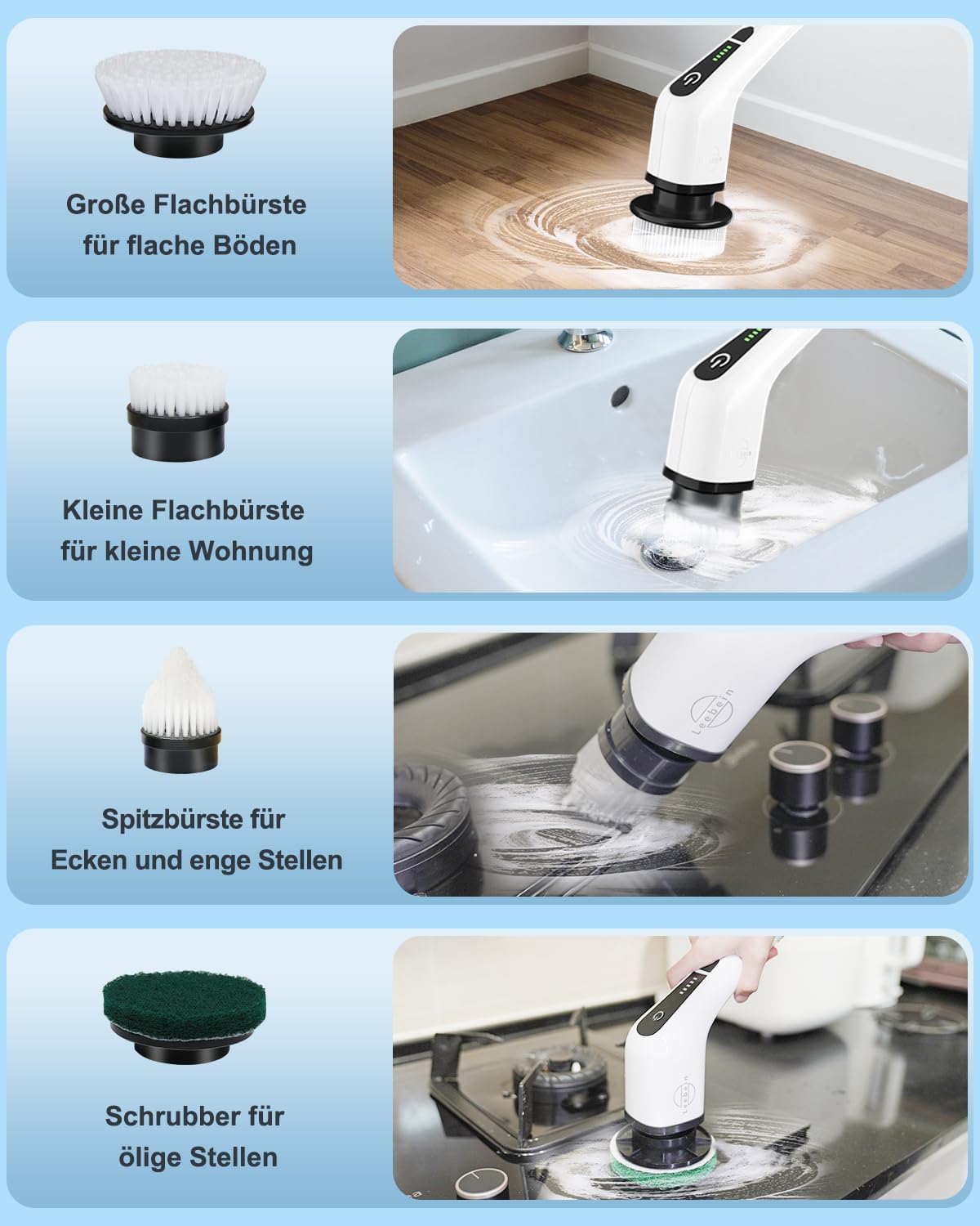 Leebein Elektrische Reinigungsbürste, elektrischer Schleuderschrubber kabellos mit 8 austauschbaren Bohrbürstenköpfen, Wannen- und Bodenfliesen-Mopp-Set mit 137 cm verstellbarem Griff für Badezimmer, Küche, Autoboden – Bild 4