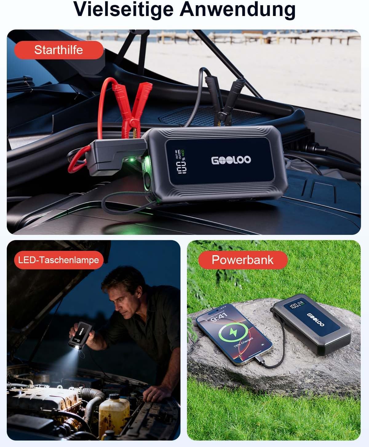 GOOLOO G7 Starthilfe-Powerbank für Auto, 3000 A tragbare Starter-Powerbank mit 45 W USB-C-Schnellladung & LED-Taschenlampe, Booster-Auto-Starthilfe für 12 V (bis zu 8,5 l Benzin/6 l Diesel) – Bild 5