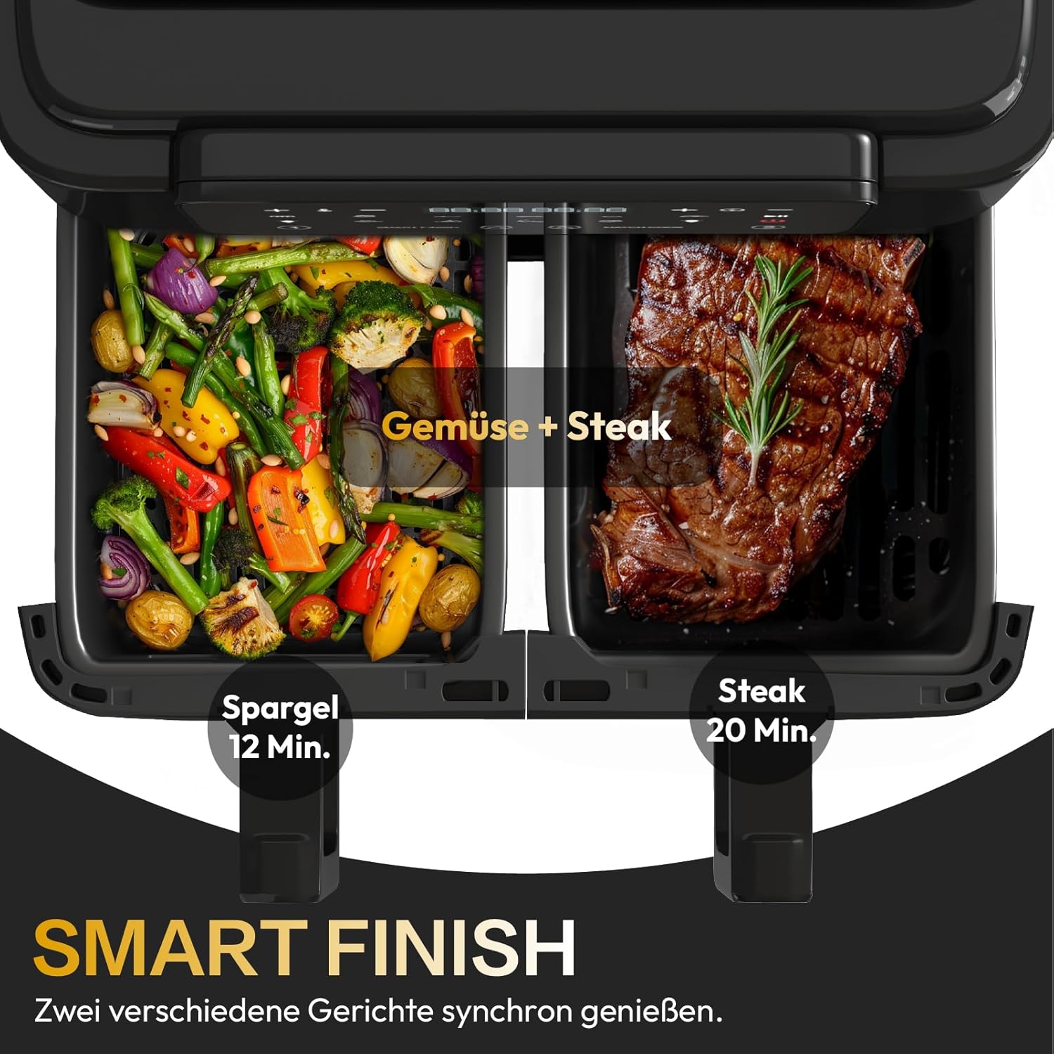 LLIVEKIT 9L Heißluftfritteuse, 2 Kammern mit Sichtfenster, 4,5L + 4,5L Airfryer 9-in-1, Backofen XXL ohne Öl, Heißluftofen mit Touchscreen, Timerfunktion – Bild 4