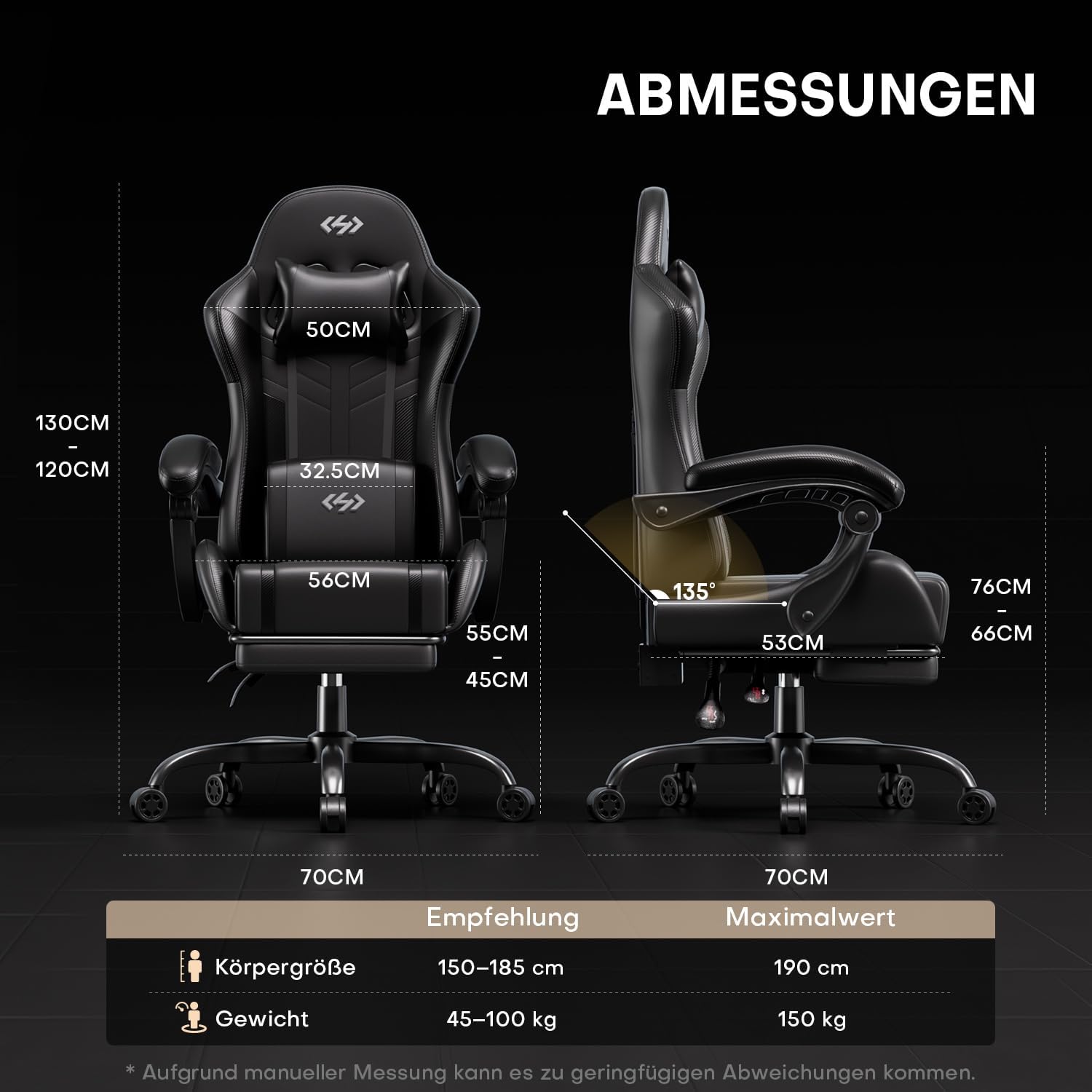 HLONONE Gaming-Stuhl mit Massagefunktion, ergonomischer Gamer-Stuhl, Racing-Gaming-Stuhl mit Fußstütze, Kopfstütze und Massage-Lendenkissen, gepolsterter PC-Stuhl, 150 kg Tragkraft, Schwarz – Bild 2