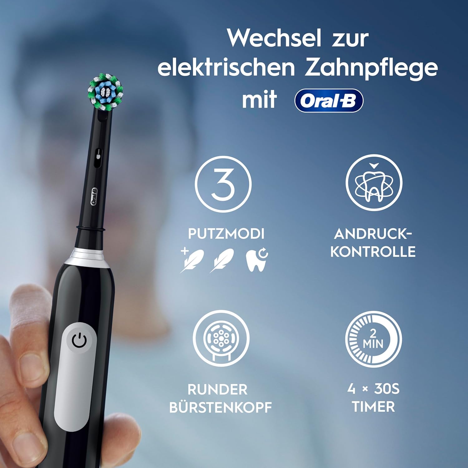 Oral-B Pro Series 1 Elektrische Zahnbürste, 1 Ersatzbürste, 3 Reinigungsmodi und Drucksensor für die Zahnpflege, Reiseetui, entworfen von Braun, Schwarz – Bild 4