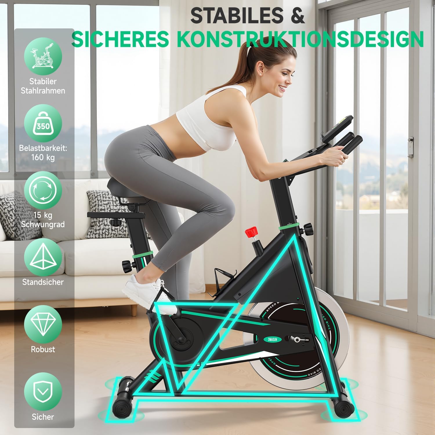 DMASUN Leises Ergometer-Heimtrainer-Fahrrad mit 0-100 % Widerstand, Display & Tablet-Halterung, Cardio-Training-Indoor-Cycling-Fahrrad mit bequemem Sitz, bis zu 160 kg – Bild 2