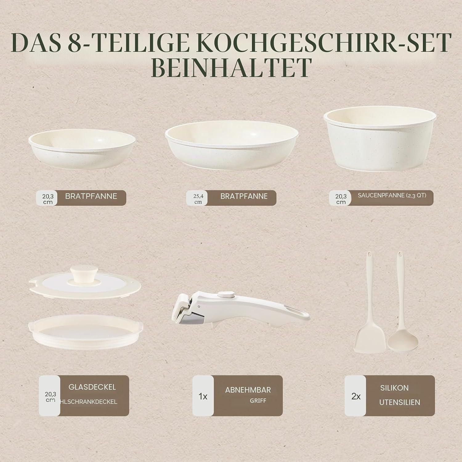 Keramik-Pfannenset mit abnehmbarem Griff, Induktion, 8-teilige Topfsets, platzsparendes Kochgeschirr, Bratpfannen, ofen- und spülmaschinenfest, PFAS/PFOA-frei, Cremeweiß – Bild 2