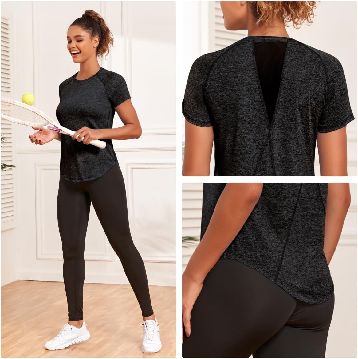 Jlowesun Damen-Sportoberteil, kurzärmelig, leicht, atmungsaktiv, funktionell, mit Mesh im Rücken, Rundhalsausschnitt, lang, geeignet für Fitness, Laufen, Yoga – Bild 5