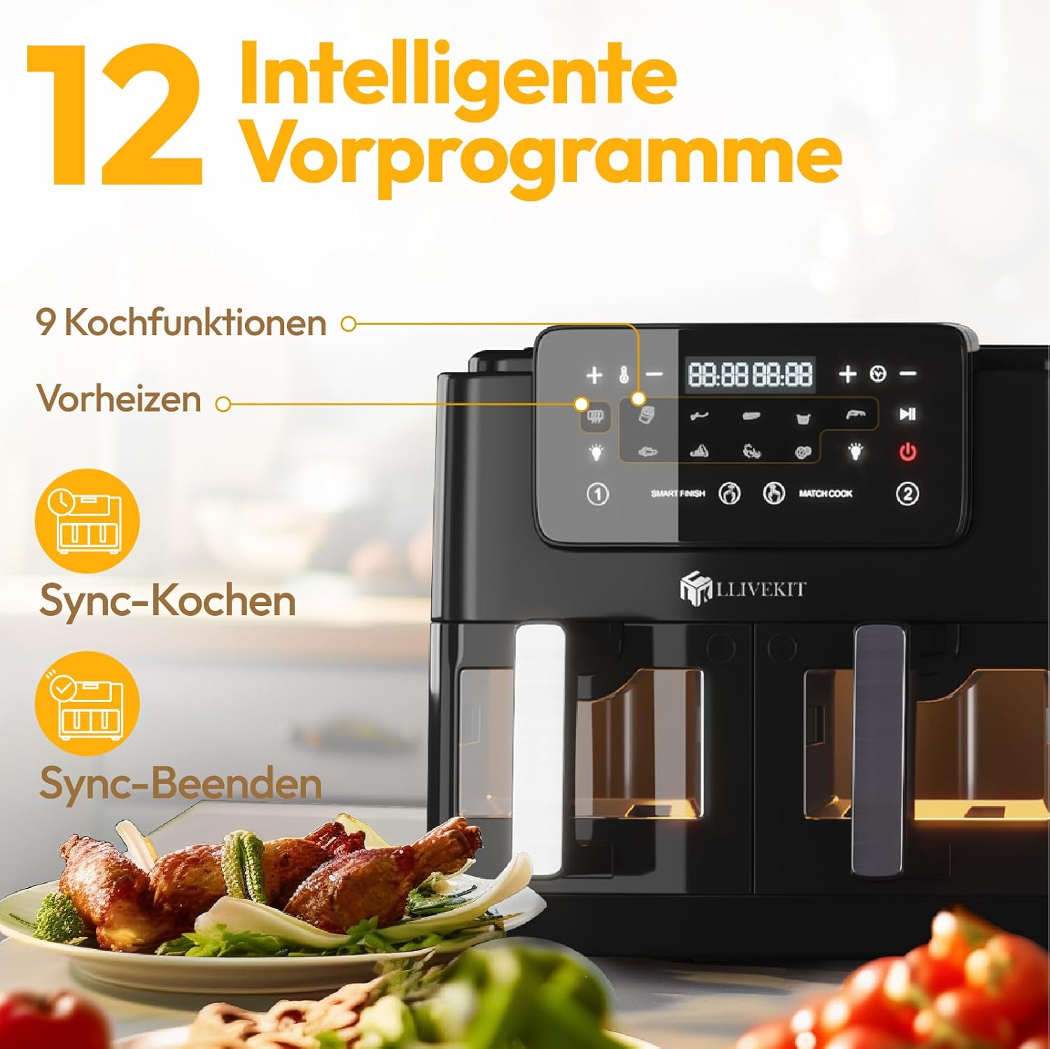 LLIVEKIT 9L Heißluftfritteuse, 2 Kammern mit Sichtfenster, 4,5L + 4,5L Airfryer 9-in-1, Backofen XXL ohne Öl, Heißluftofen mit Touchscreen, Timerfunktion – Bild 2