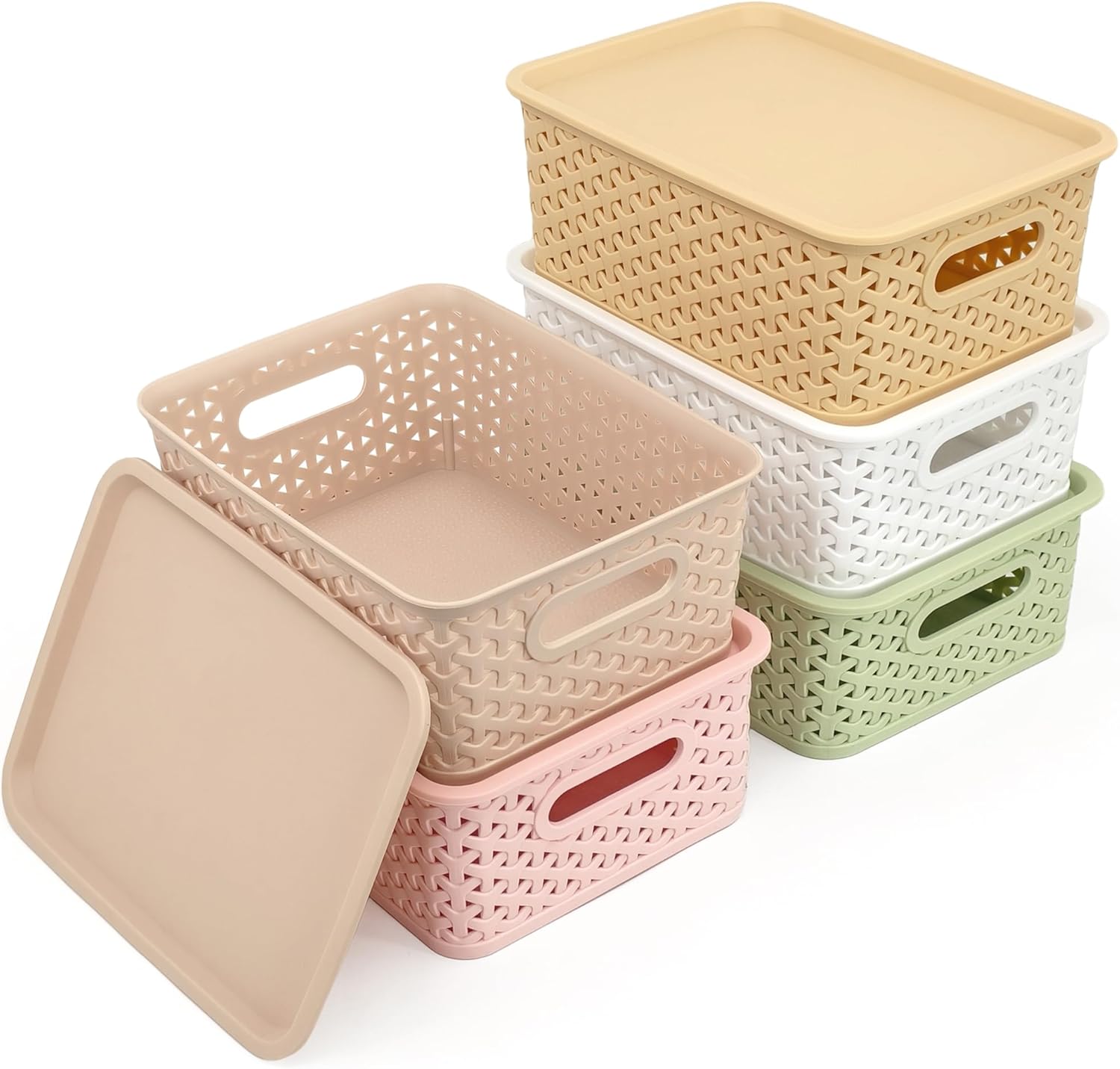 LYLIDIA 5 Stück Aufbewahrungsbox mit Deckel, kleiner Korb, 4 L Box Aufbewahrungskorb im Rattan-Design, stapelbare Box PP-Kunststoff, Organizer-Körbe, Stapelboxen mit Griffen, 25 x 17 x 10,5 cm (buntes Set).