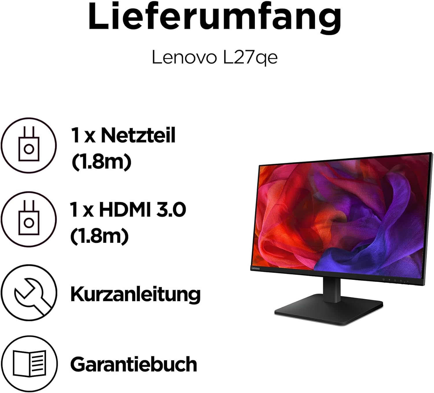 Lenovo L27qe | 27-Zoll-QHD-WLED-Monitor | 2560 x 1440 | 16:9 | 100 Hz | 4 ms Reaktionszeit | IPS-Panel | HDMI | DisplayPort | TÜV Augenschutz | Blendfrei | Rabenschwarz | 4,5 kg – Bild 13