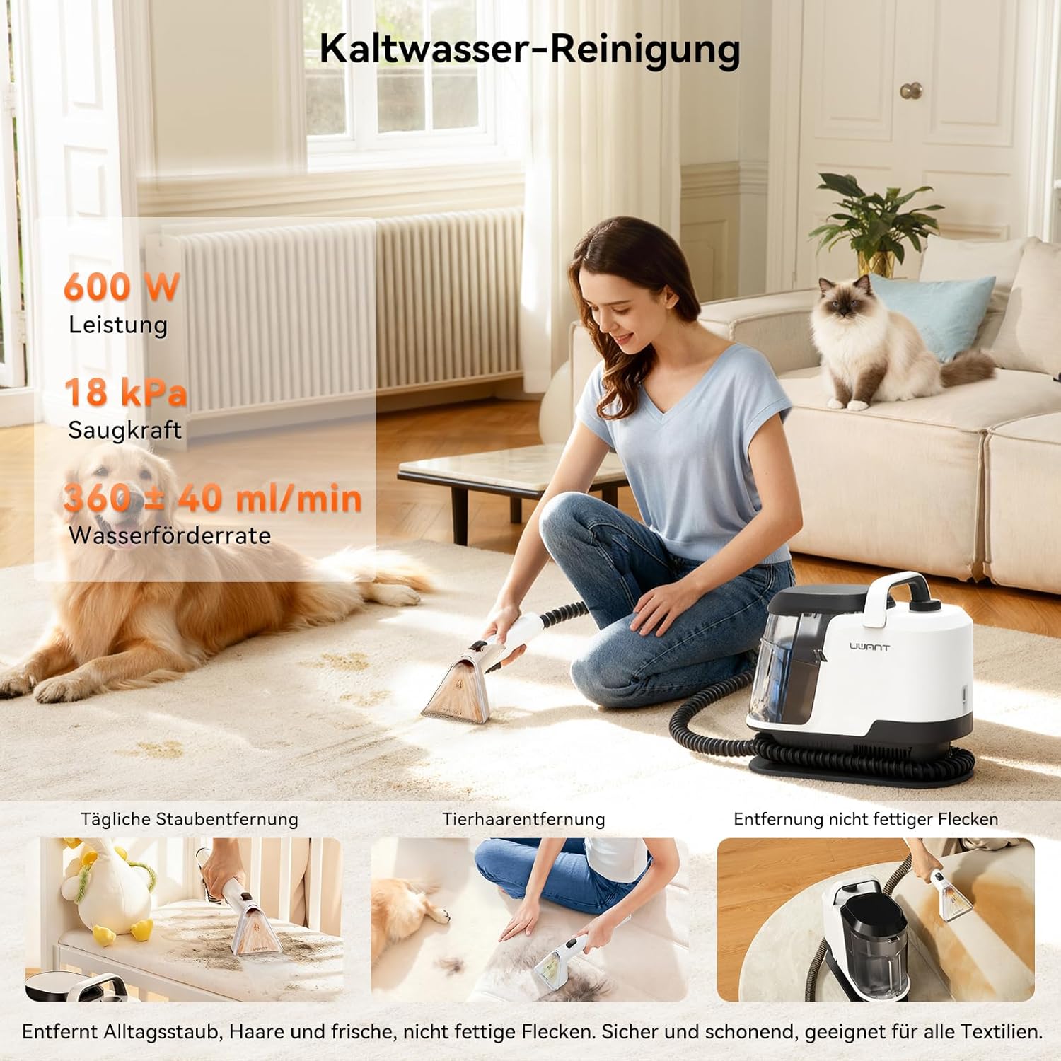 Uwant Y100 Dampf-Polsterreinigungsgerät, 3-in-1-Nasssauger für Sofa, Teppich und Auto mit 18 kPa, 100 °C heißem Dampf, 65 °C heißem Wasser, kaltem Wasser, selbstreinigend, Multi-Bürstenkopf und 500 ml Teppich – Bild 4