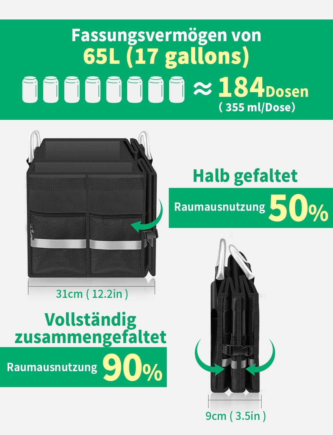 Oasser Kofferraum-Organizer mit Deckel, Kofferraum-Organizer, Autotasche, Kofferraumbox, praktisch, wasserdicht, rutschfest, faltbar, mit Aluminium-Griffen, reflektierende Streifen – Bild 7
