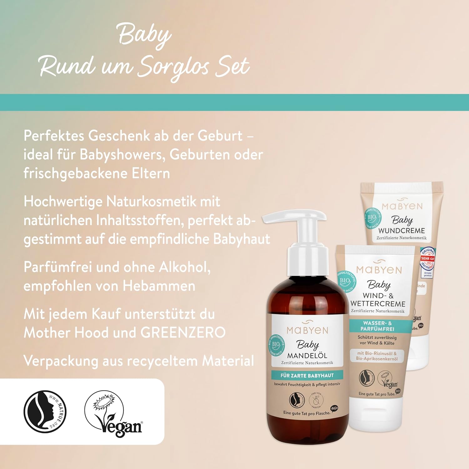 MABYEN Babypflege Rundum-Sorglos-Set | Naturkosmetik - 3 Produkte - Bio - Babyausstattung - Geschenkset - mit Mandelöl, Wundcreme & Wind- & Wettercreme – Bild 3