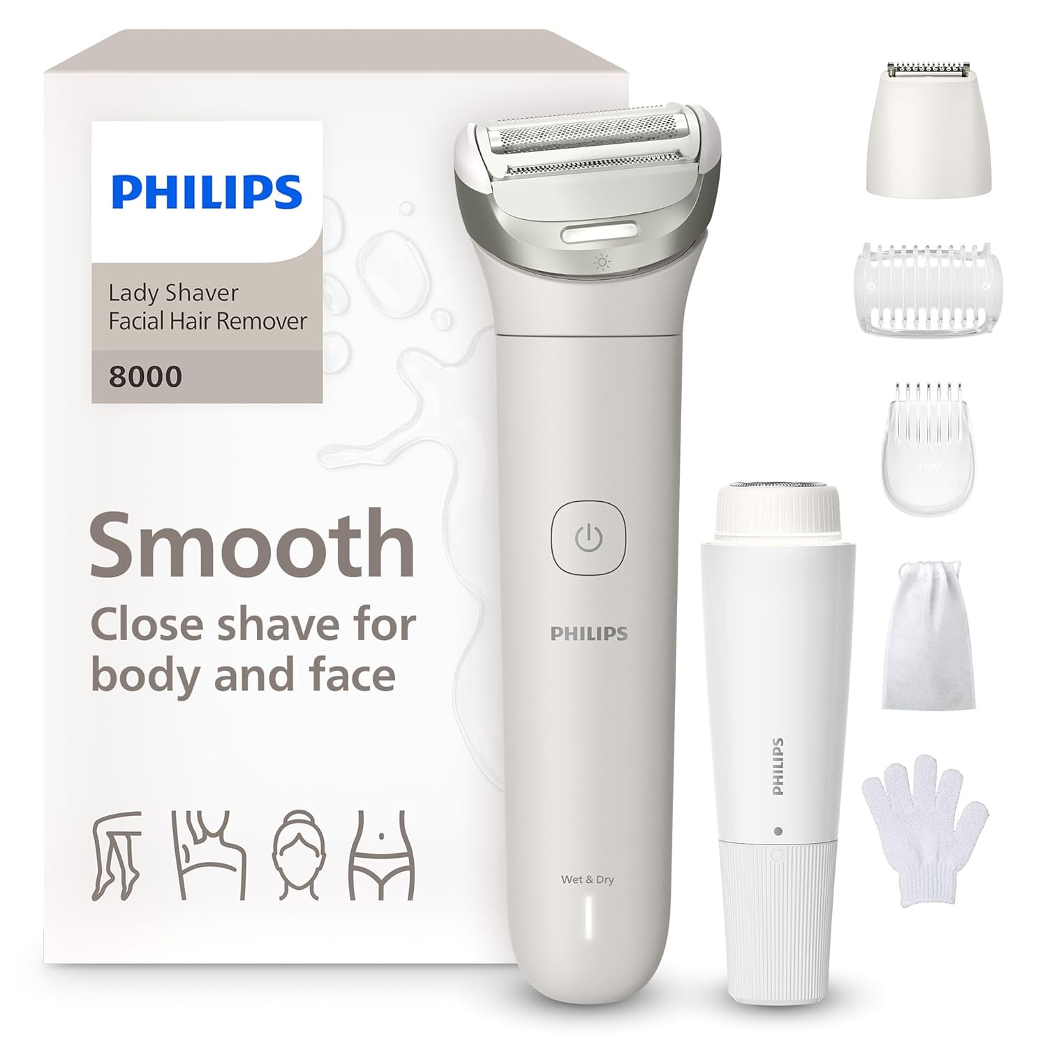 Philips Lady Shaver Series 8000 Akku-Elektrorasierer, Nass- und Trockenrasierer, 3 Klingen, flexibler Scherkopf, LED-Licht, Gesichts-/Beine-/Körper-/Bikini-Bereich, 100 Minuten Laufzeit, Modell BRL159/00