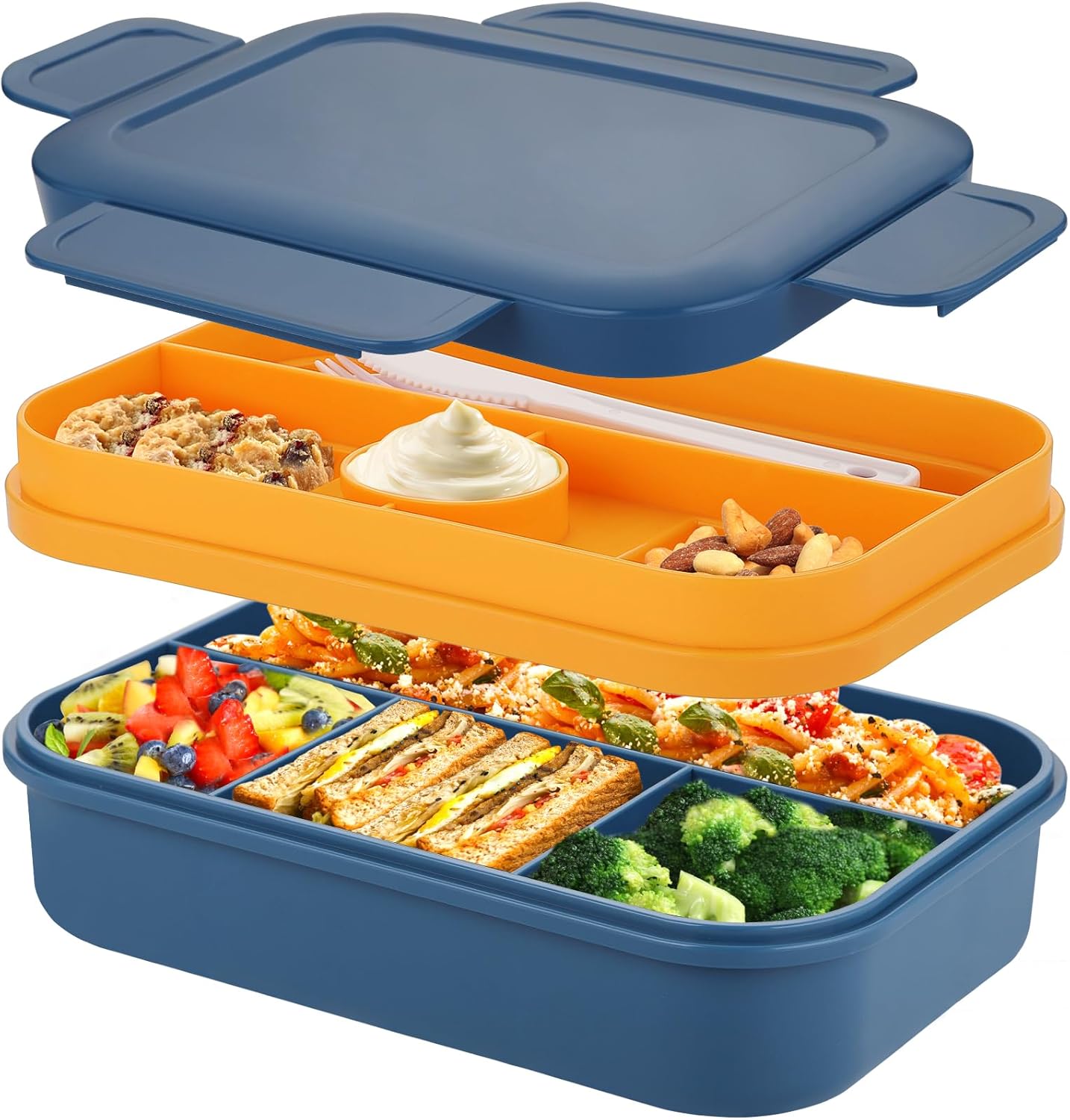Sinnsally Lunchbox für Erwachsene, 2000 ml Lunchbox mit Fächern, Bento-Lunchbox mit Besteck, Snackbox, auslaufsichere Lebensmittelbox, Lunchbox mit Trennwänden, Frühstücksbox