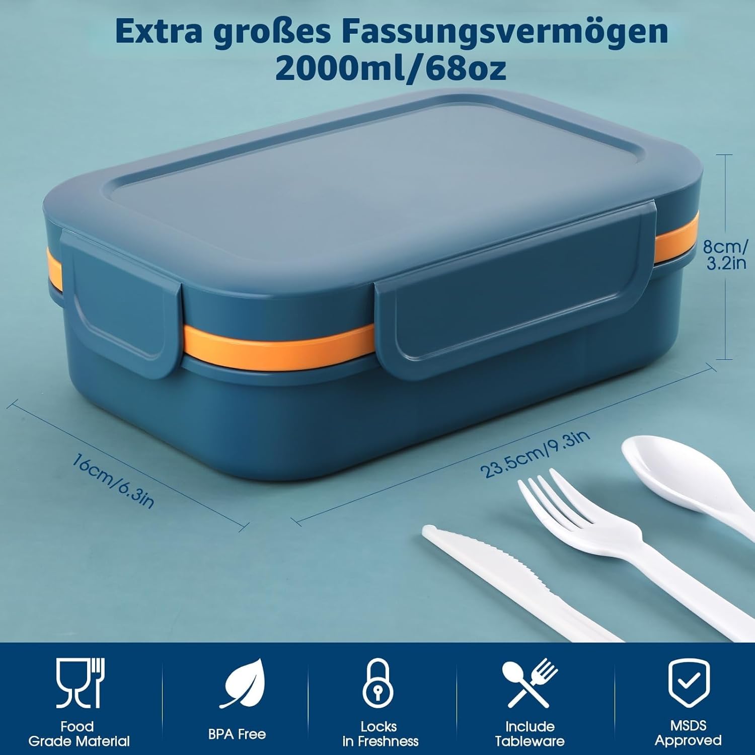 Sinnsally Lunchbox für Erwachsene, 2000 ml Lunchbox mit Fächern, Bento-Lunchbox mit Besteck, Snackbox, auslaufsichere Lebensmittelbox, Lunchbox mit Trennwänden, Frühstücksbox – Bild 5