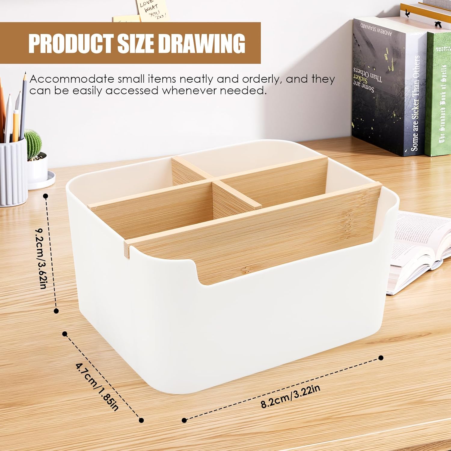 AKONE 5 Fächer Stifte Organizer, Bambus Schreibtisch Organizer mit abnehmbaren Trennwänden, Platzsparender Stiftehalter, Multifunktionaler Kosmetikhalter für Make up Pinsel, Büro Zubehör & mehr – Bild 2