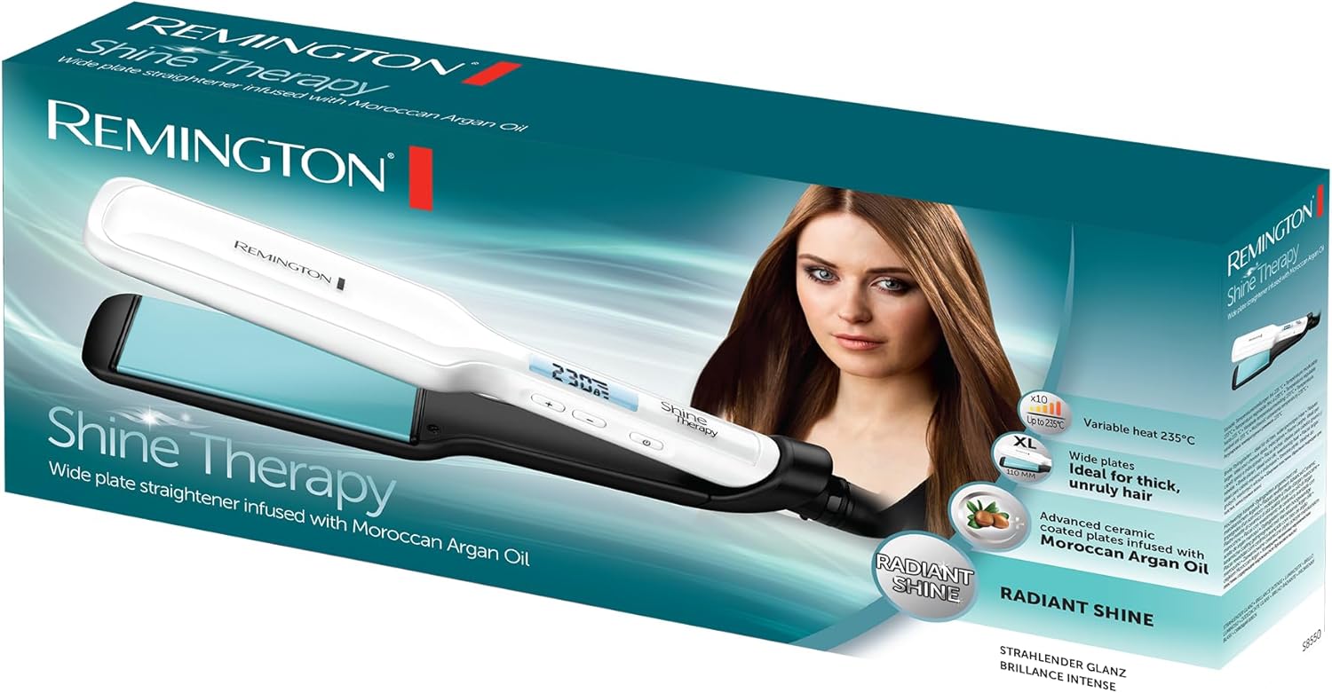 Remington Shine Therapy Glätteisen breit (hochwertige Keramikbeschichtung angereichert mit Mikrowirkstoffen für mehr Glanz, marokkanisches Arganöl und Vitamin E), LCD-Display, 150–230 °C, Haarglätter S8550 – Bild 7