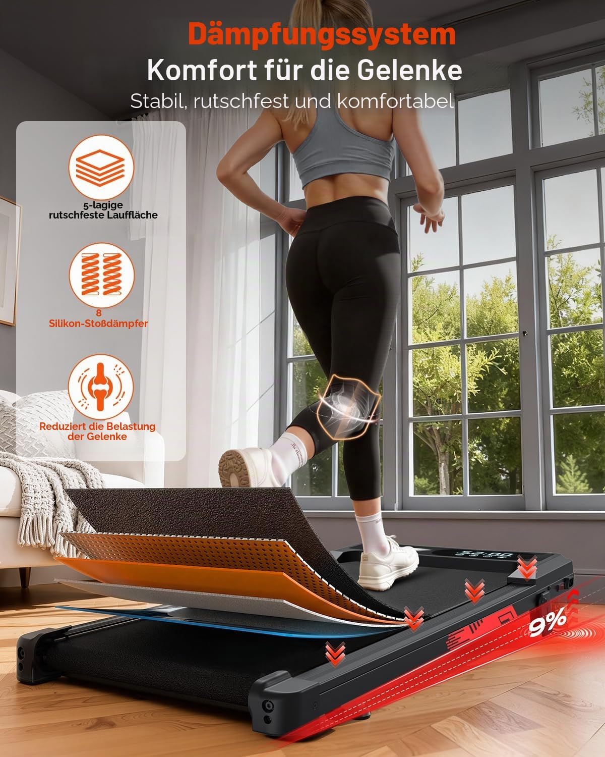 Zusammenklappbares elektrisches Laufband mit 9 % Steigung, Gehpad leise 1–10 km/h für Zuhause und Büro, bürstenloser 3,0-PS-Motor, LED-Anzeige, Stoßdämpfung, bis zu 140 kg – Bild 7