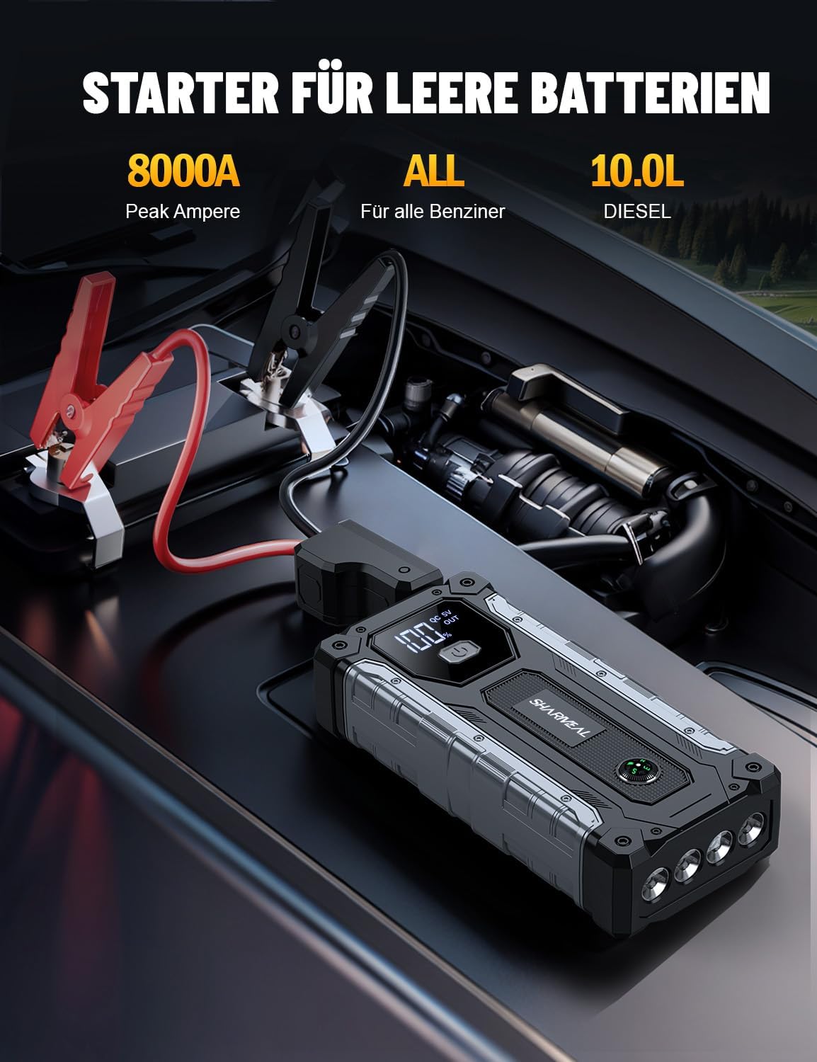 SHARMEAL 8000 A Starthilfe-Powerbank für Autos, 12-V-Auto-Starthilfe-Powerbank (für alle Benzinmotoren oder bis zu 10,0 l Diesel), Booster-Auto-Starthilfe mit LCD-Bildschirm und LED-Taschenlampe – Bild 2