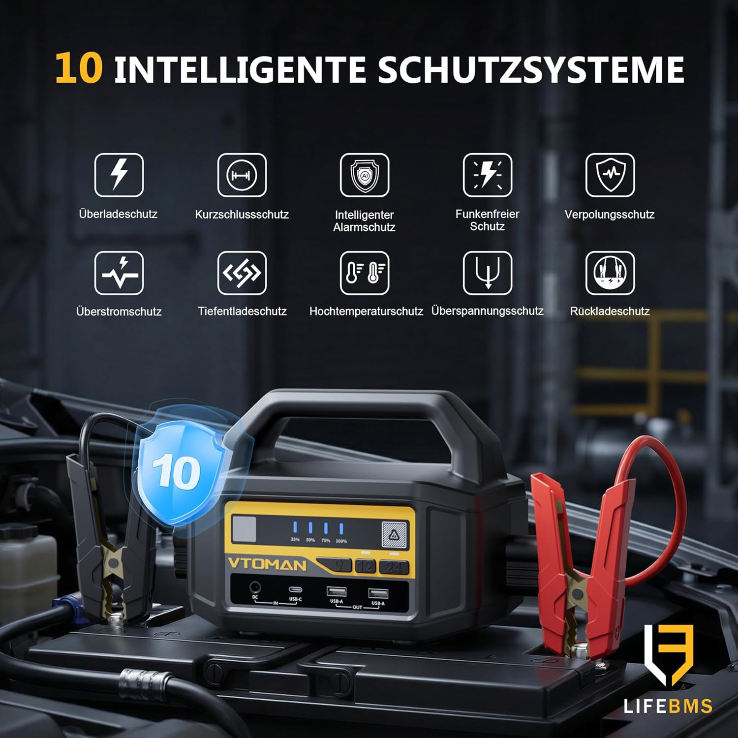 VTOMAN V-Truck Auto-Starthilfe-Powerbank, 6000 A, 12 V/24 V, tragbarer Batterie-Booster für LKWs, Lieferwagen und Traktoren (alle Benziner und Diesel), Starter-Powerbank mit LED-Taschenlampe und USB-Schnellladung – Bild 3