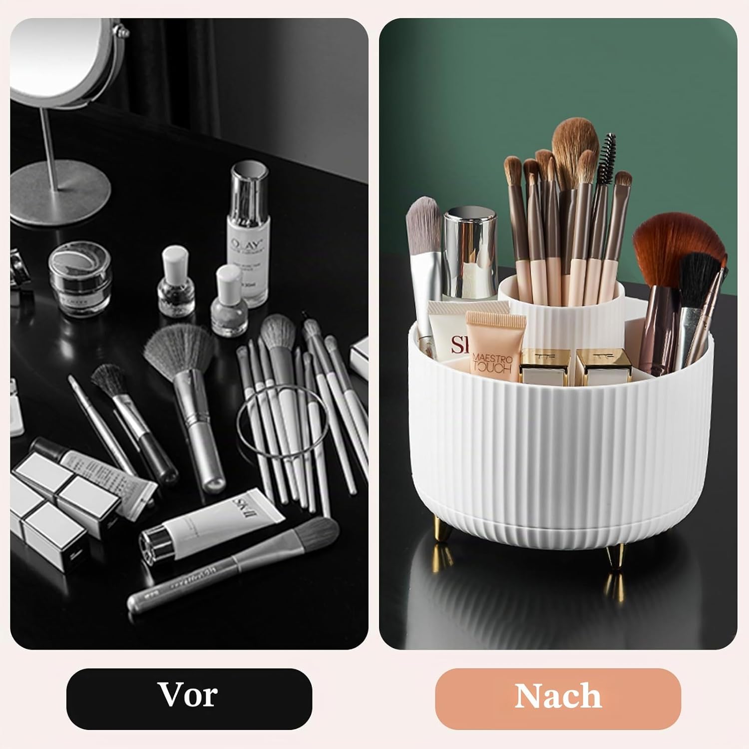 fanado 360° drehbarer Make-up-Organizer, Make-up-Pinselhalter, 5 Fächer für Make-up- und Hautpflege-Aufbewahrung, für Schminktisch, Schreibtisch, Badezimmer (weiß) – Bild 6
