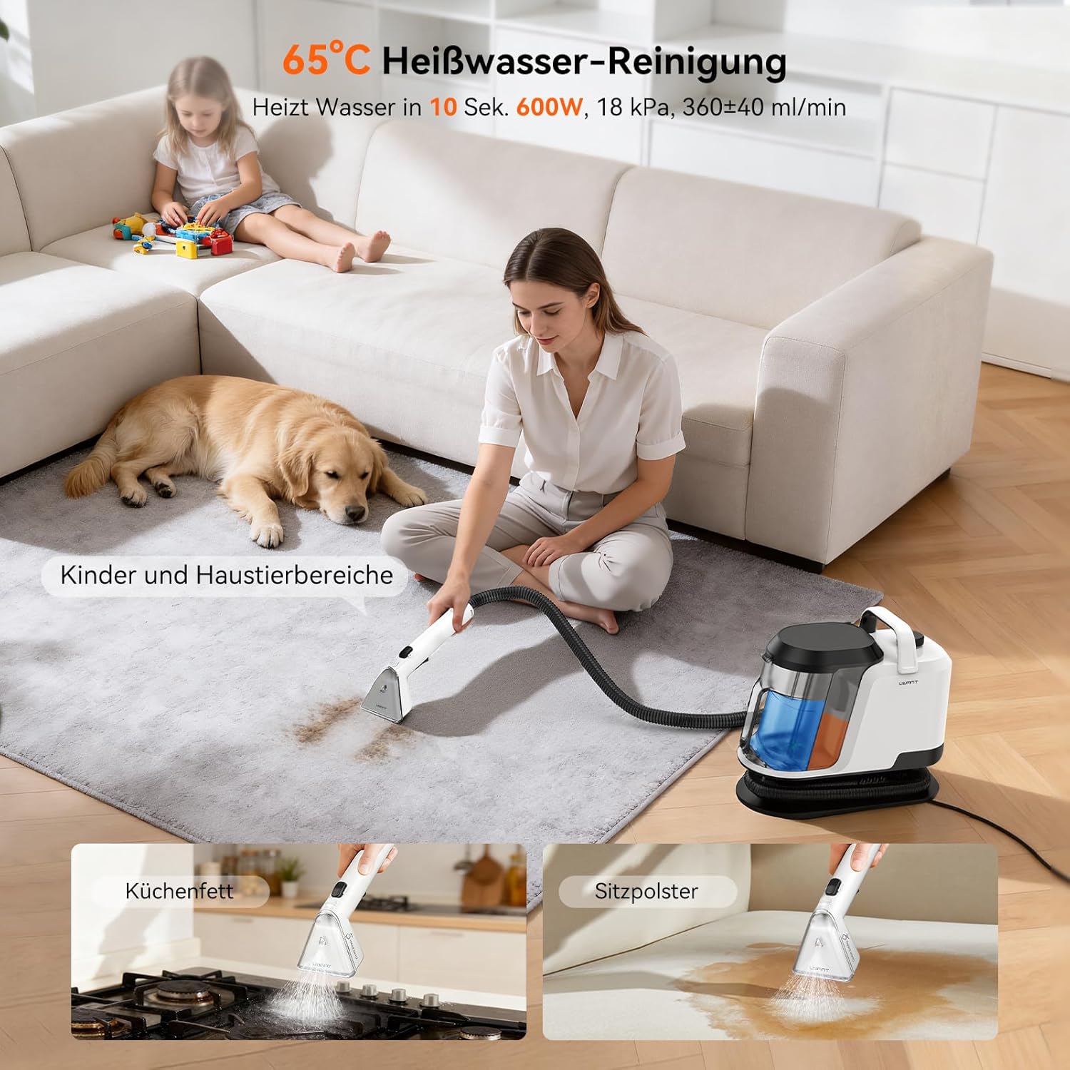 Uwant Y100 Dampf-Polsterreinigungsgerät, 3-in-1-Nasssauger für Sofa, Teppich und Auto mit 18 kPa, 100 °C heißem Dampf, 65 °C heißem Wasser, kaltem Wasser, selbstreinigend, Multi-Bürstenkopf und 500 ml Teppich – Bild 3