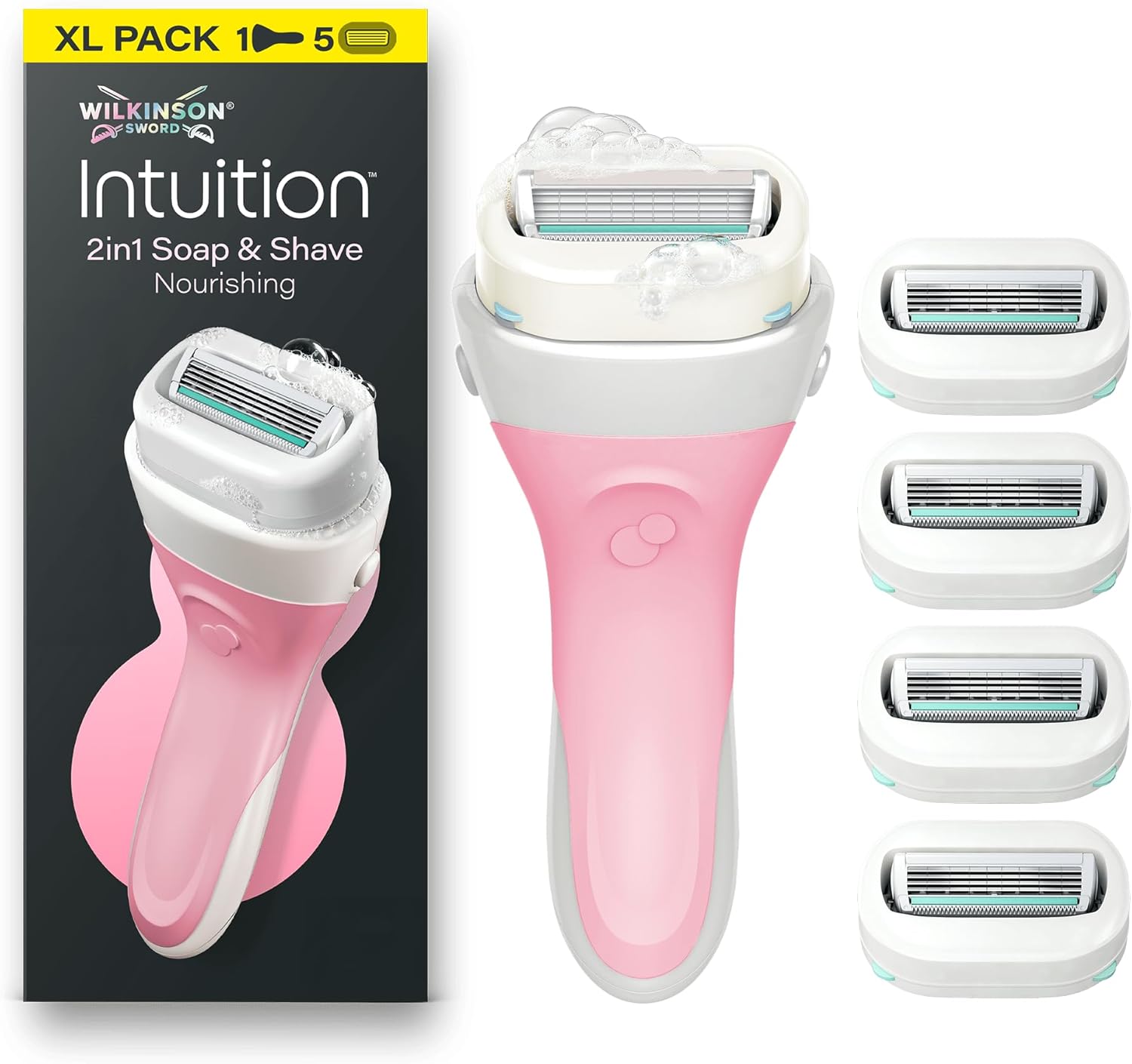 Wilkinson Sword Intuition 2-in-1 Soap and Shave Pflegender Damenrasierer, integrierte vegane Seife, XL-Packung, Damenrasiergriff plus 5 Ersatzklingen