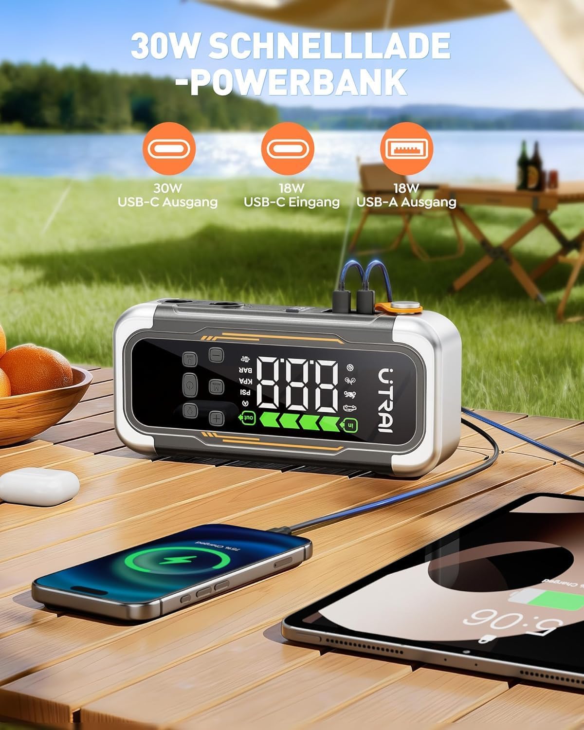 UTRAI 6000 A Starthilfe-Powerbank für Autos (alle Benziner und bis zu 10 l Diesel), tragbare Auto-Starthilfe mit Kompressor, PD 30 W Ausgang, Gebläsefunktion, Starthilfe-Auto für Auto, SUV, Motorrad – Bild 5