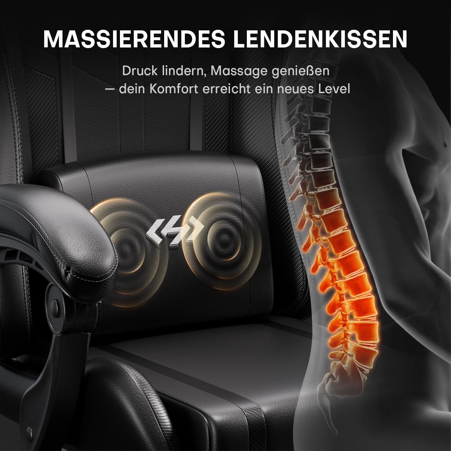 HLONONE Gaming-Stuhl mit Massagefunktion, ergonomischer Gamer-Stuhl, Racing-Gaming-Stuhl mit Fußstütze, Kopfstütze und Massage-Lendenkissen, gepolsterter PC-Stuhl, 150 kg Tragkraft, Schwarz – Bild 5